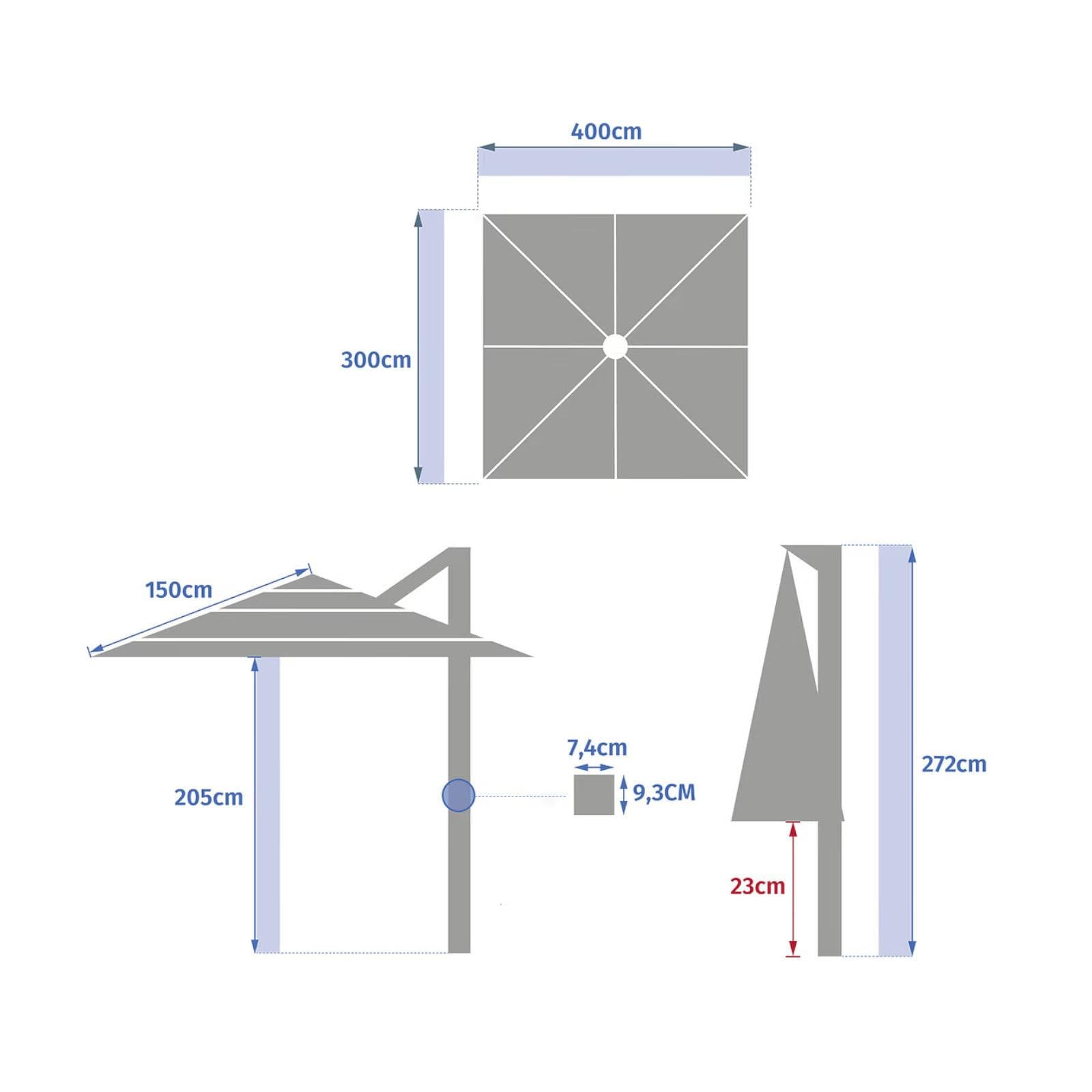 Ombrellone palo laterale 4x3 m in alluminio con multi telo tortora - Voltar