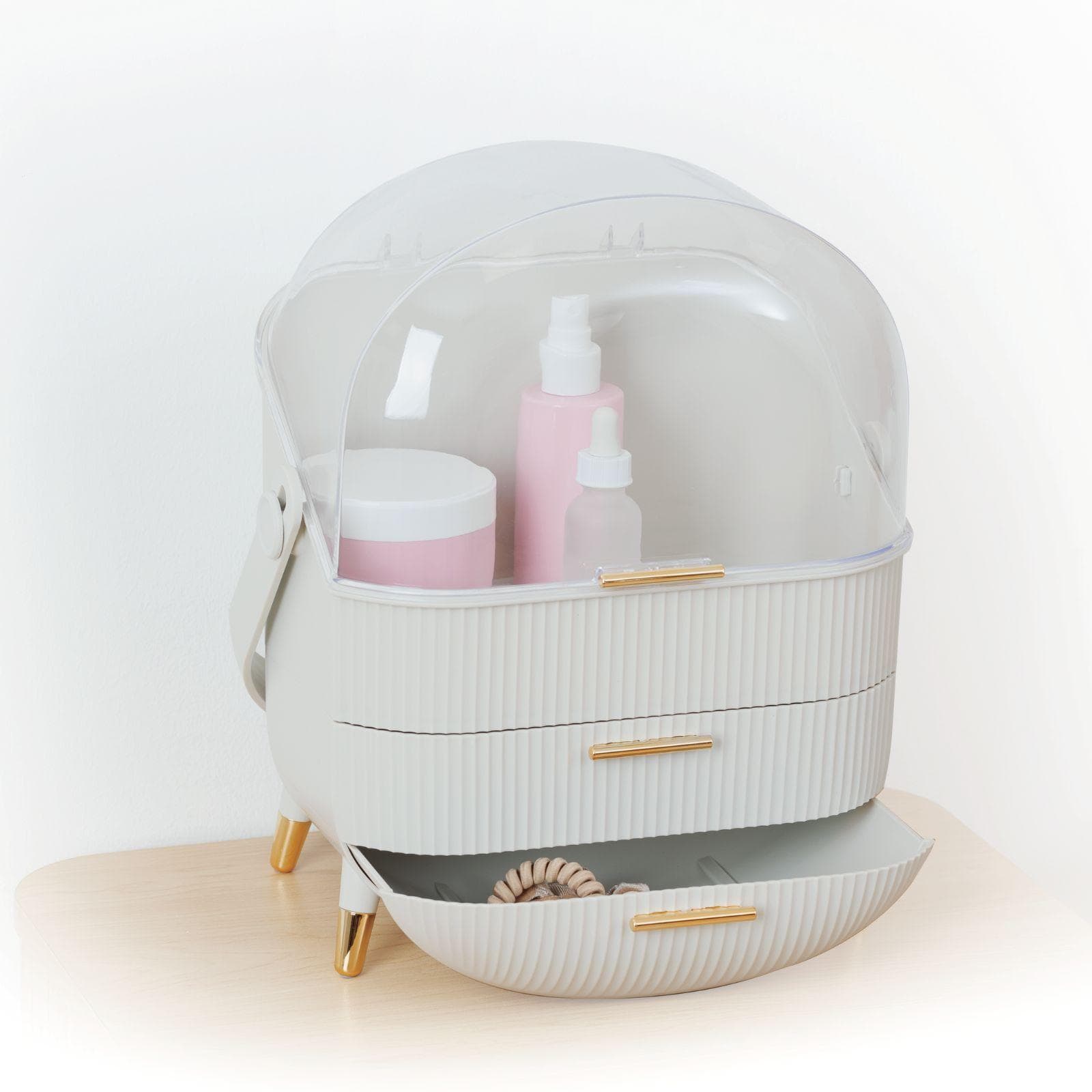 Organizer 25x40h cm beige e oro con 2 cassetti e coperchio trasparente - Hamika