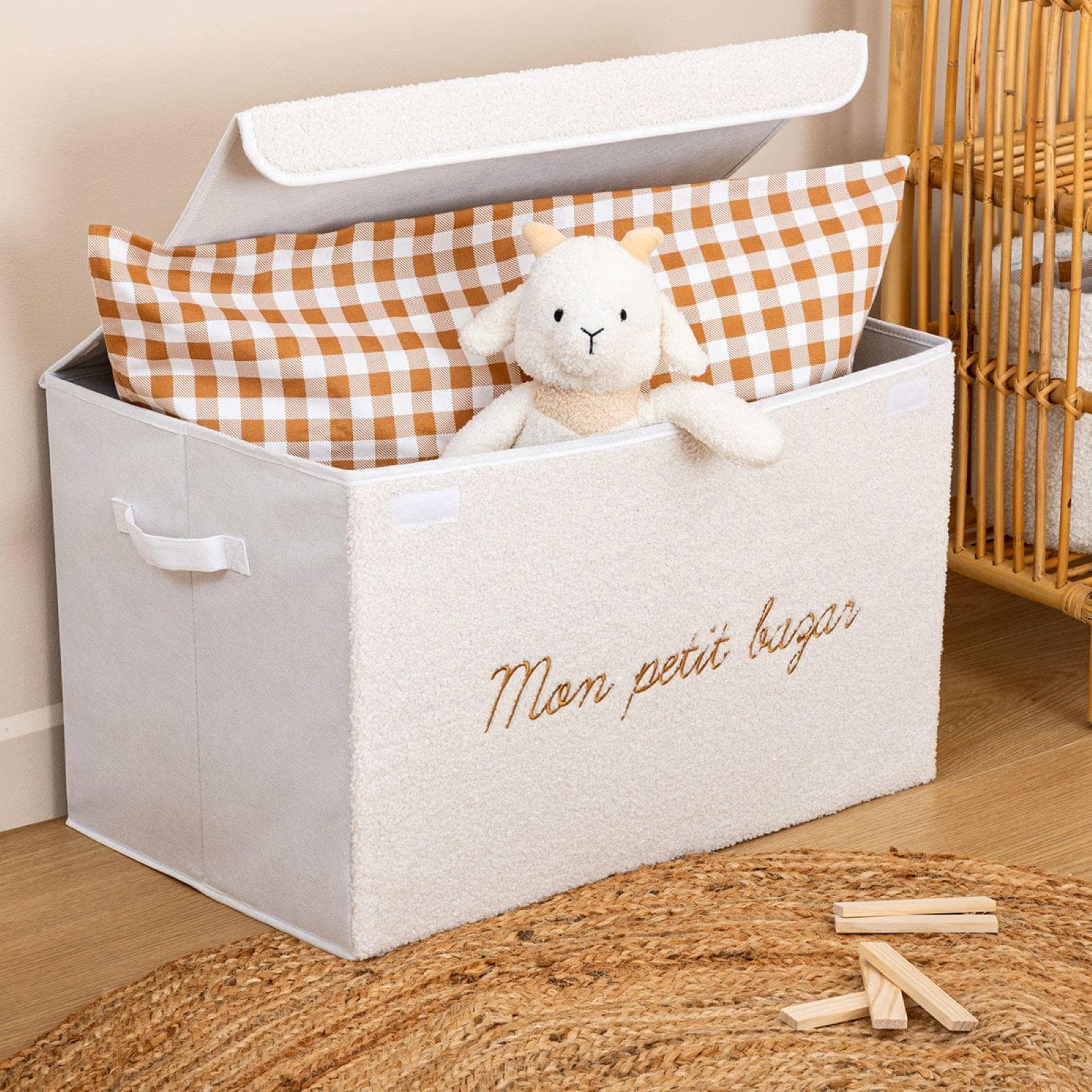 Organizer 36x57 cm pieghevole in bouclé bianco con coperchio e manici - Kids