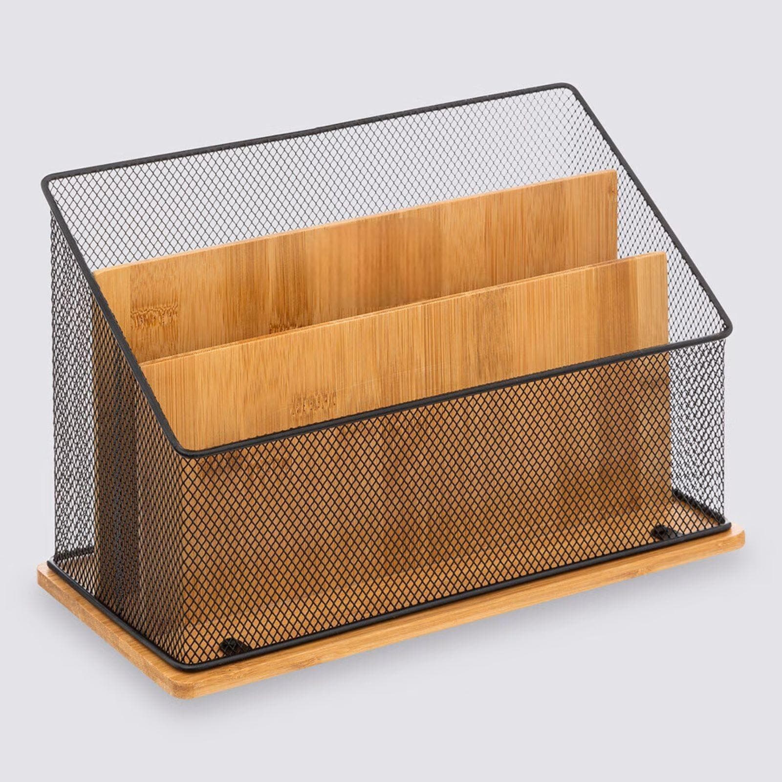 Organizer da scrivania 29x14 cm in metallo nero e bambù con divisori removibili - Smartlab