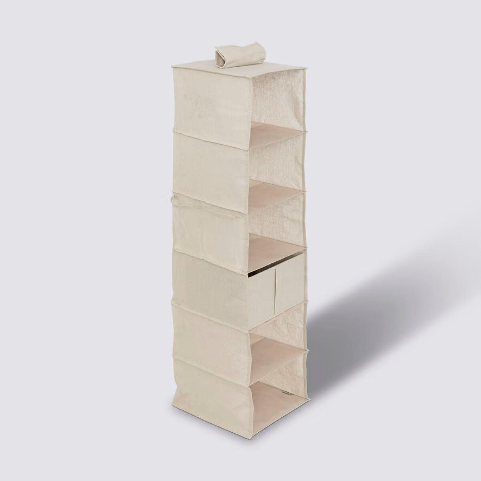 Organizer verticale 127h cm per armadio effetto tessuto beige con 6 ripiani e cassetto - Anya