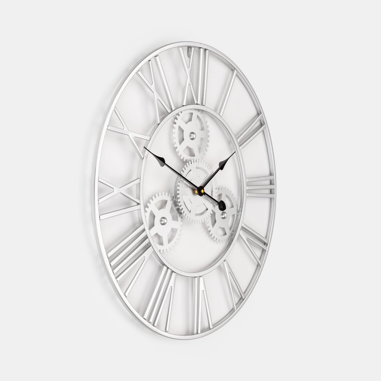 Orologio da parete rotondo 60 cm in metallo finitura argento con ingranaggi