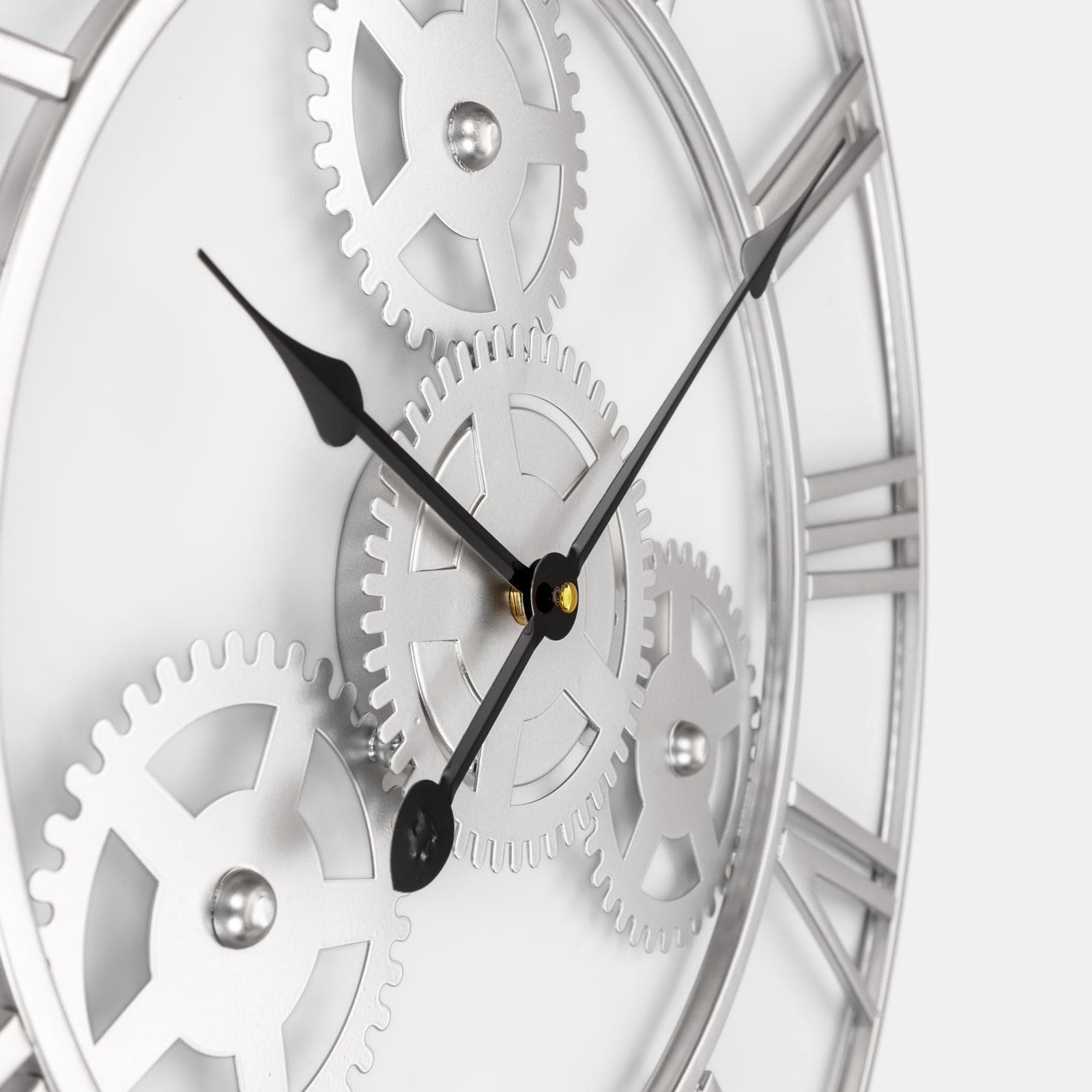 Orologio da parete rotondo 60 cm in metallo finitura argento con ingranaggi