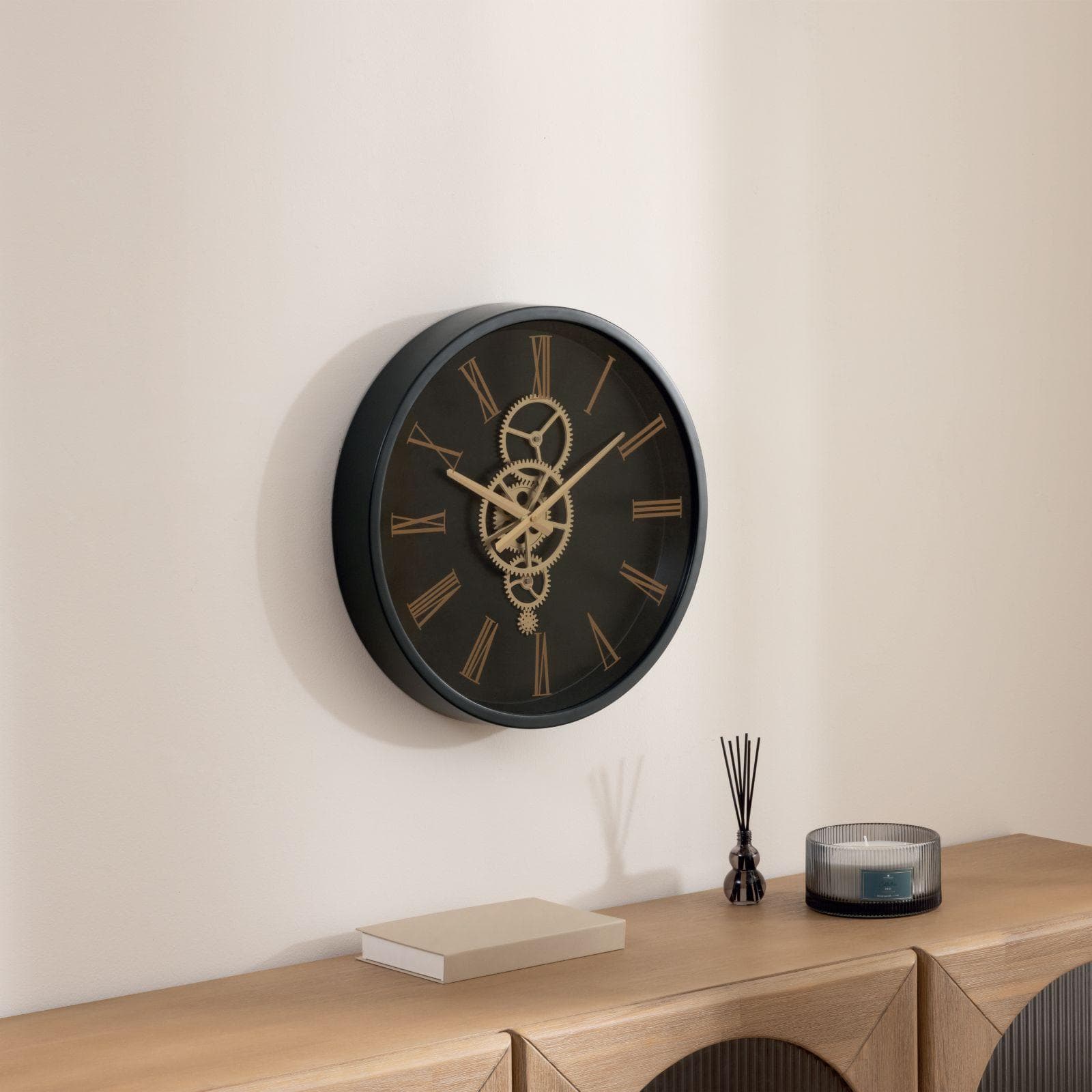 Orologio da parete rotondo 46 cm in acciaio petrolio e oro con ingranaggi mobili