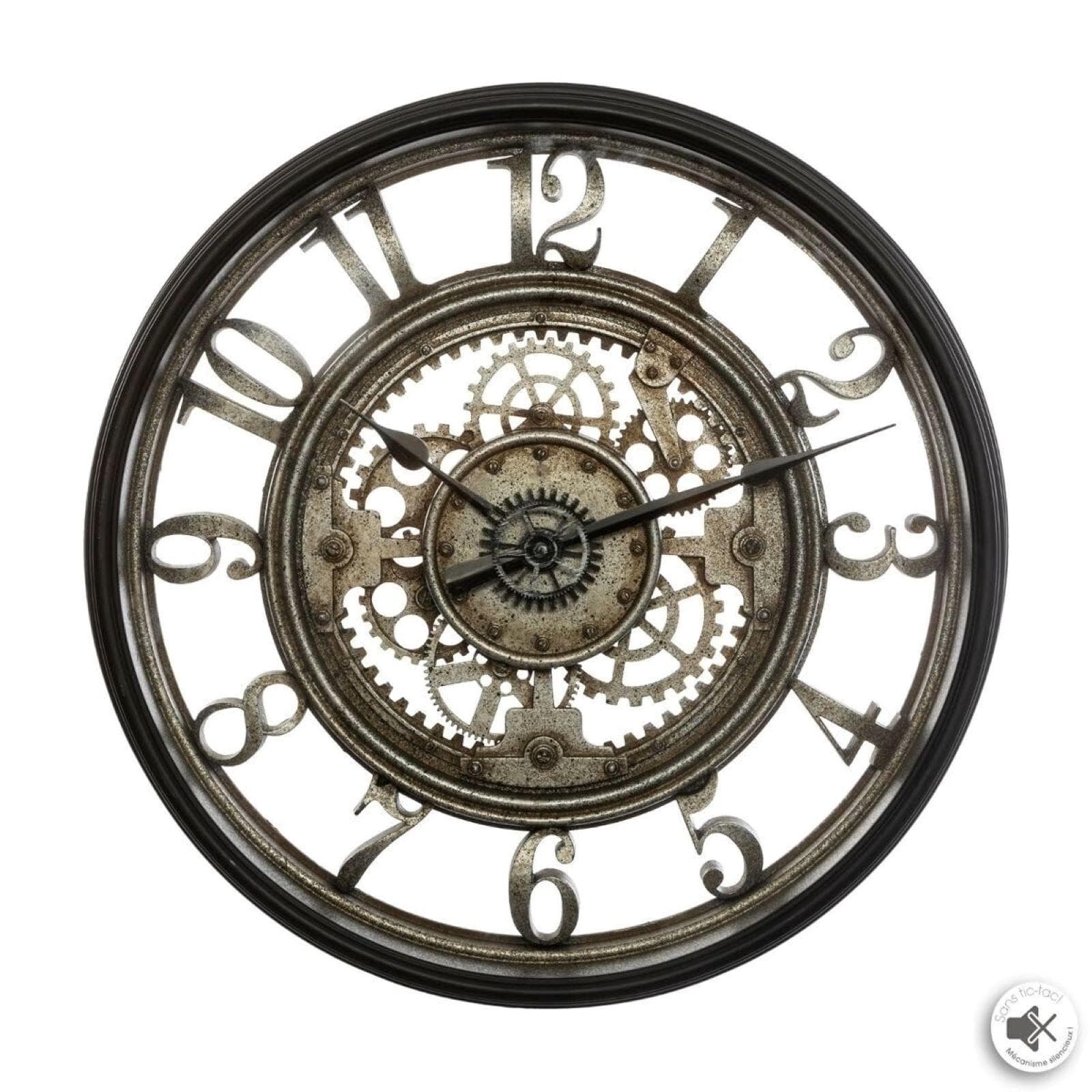 Orologio da parete rotondo 50 cm effetto metallo ossidato e nero con ingranaggi a vista