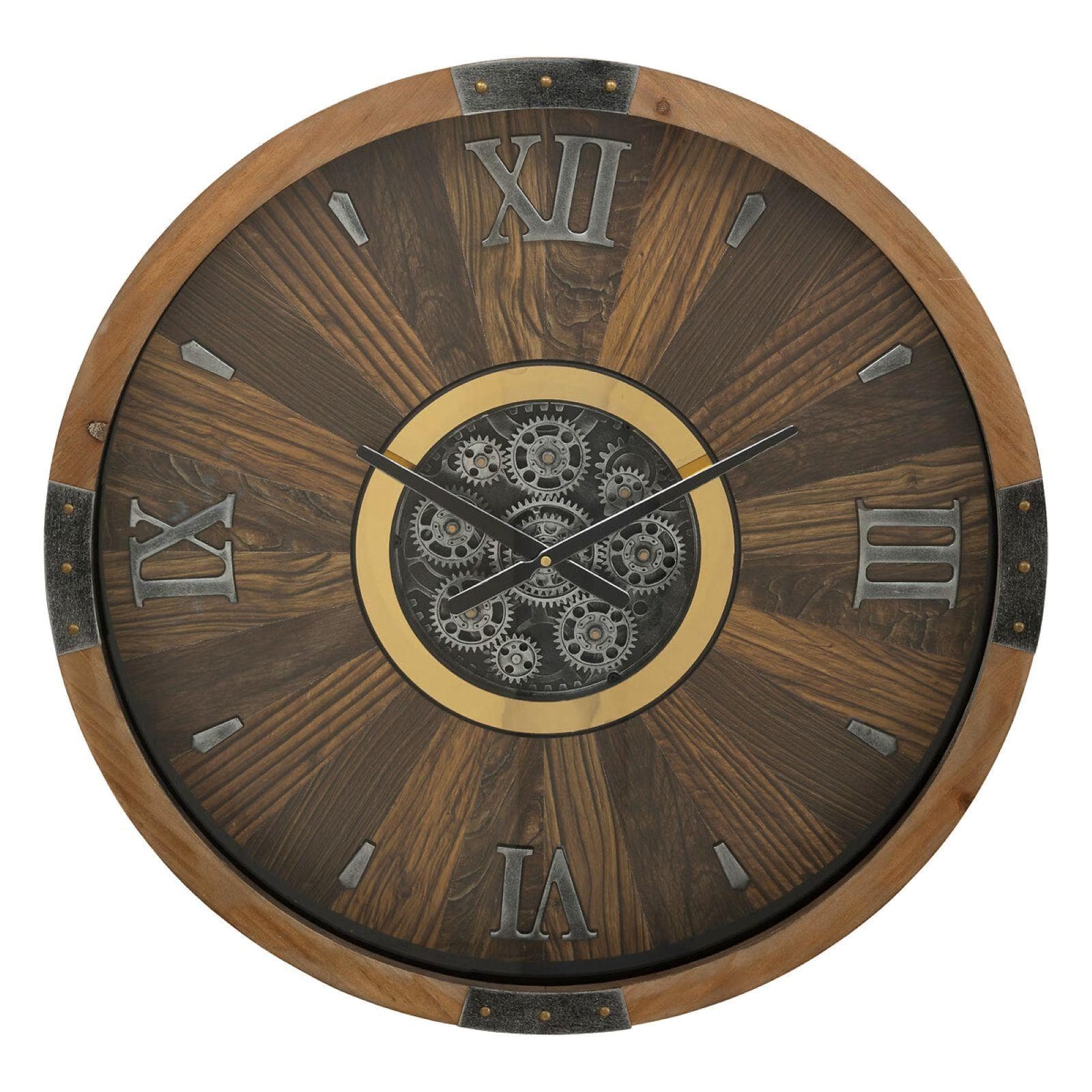 Orologio da parete rotondo 63 cm in legno scuro e oro con ingranaggi mobili