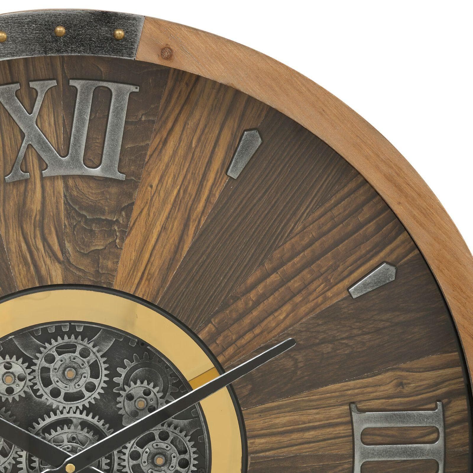 Orologio da parete rotondo 63 cm in legno scuro e oro con ingranaggi mobili