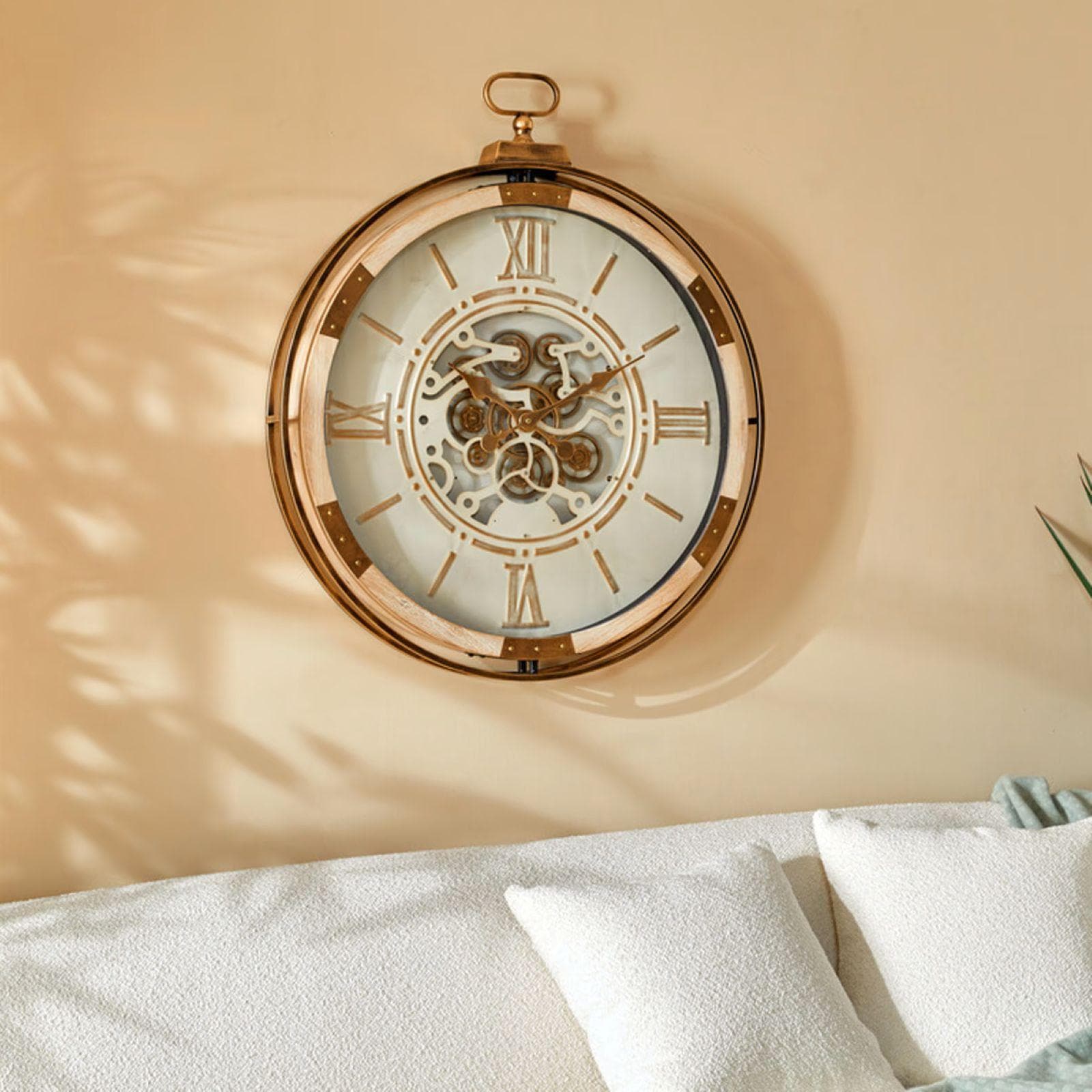 Orologio da parete rotondo 75 cm in acciaio beige e oro con ingranaggi mobili