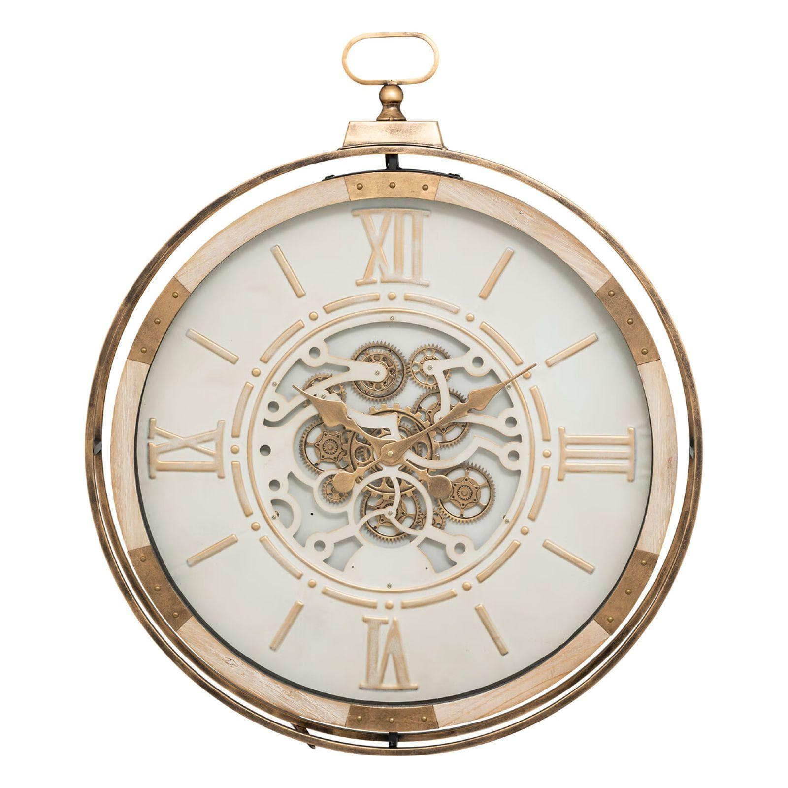Orologio da parete rotondo 75 cm in acciaio beige e oro con ingranaggi mobili