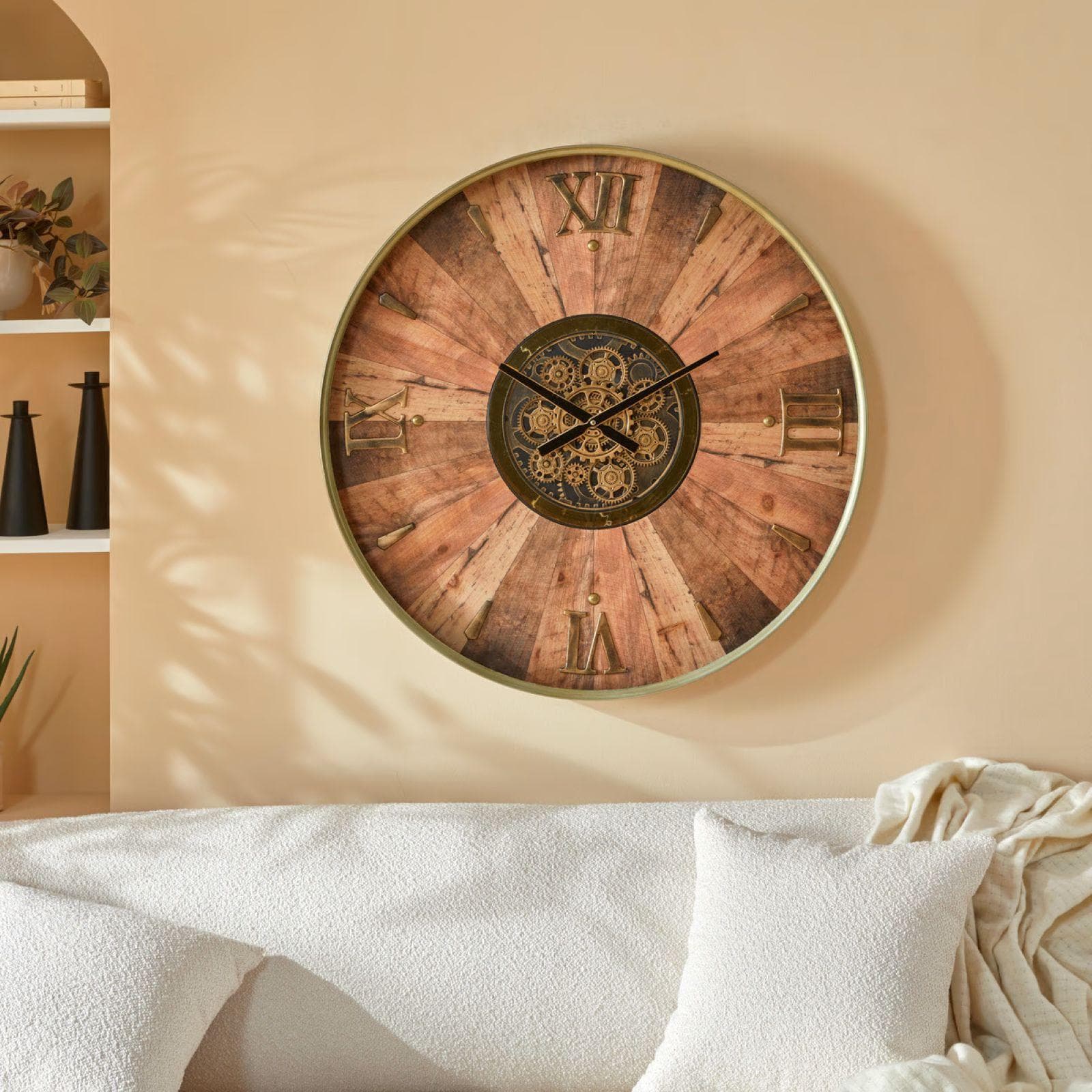 Orologio da parete rotondo 80 cm in legno e metallo oro con ingranaggi mobili