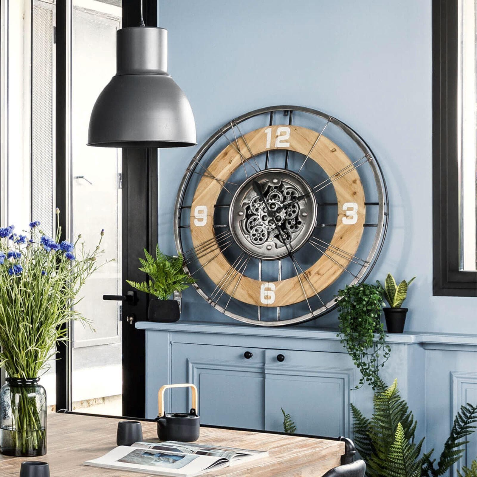 Orologio da parete rotondo 90 cm in legno di abete e metallo anticato