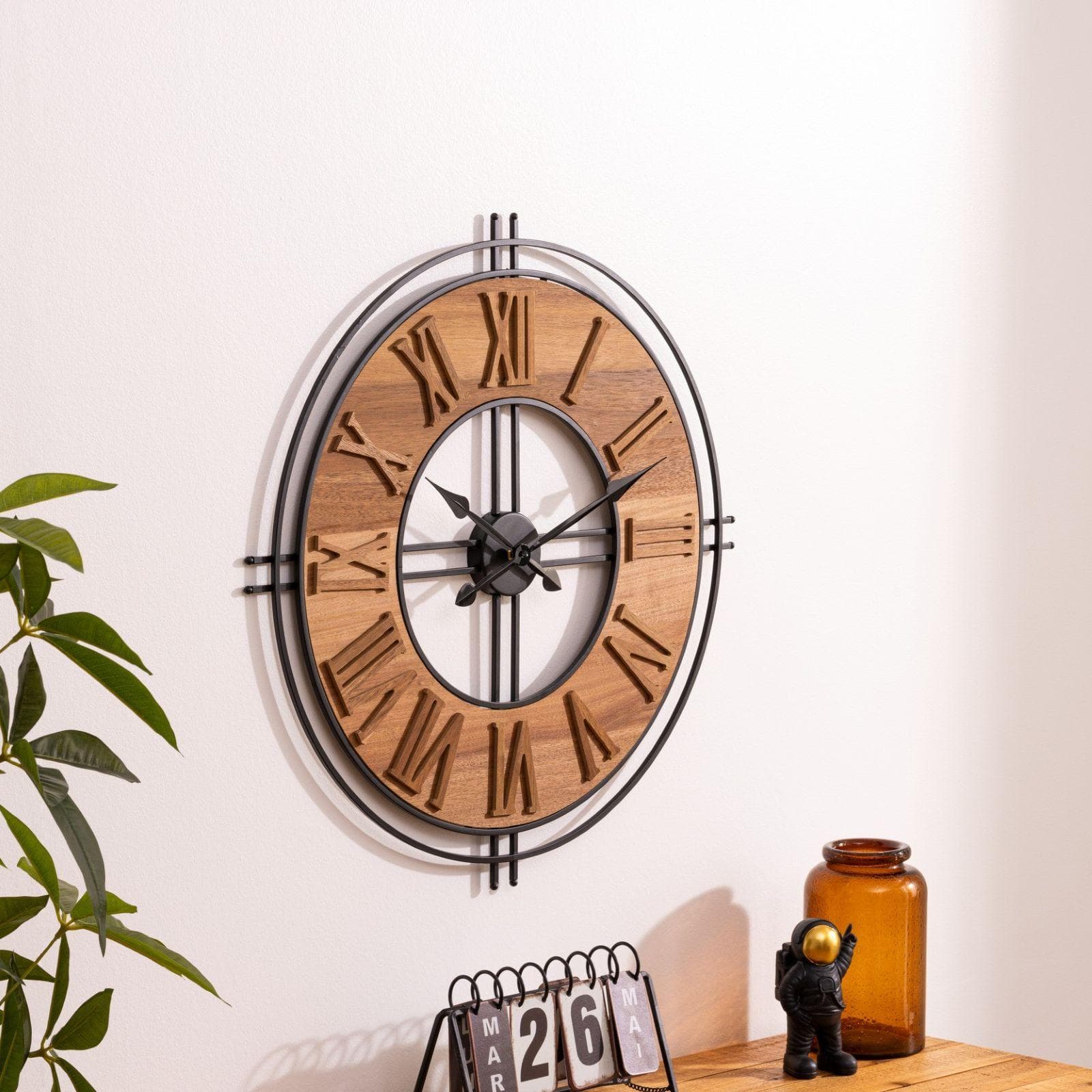 Orologio rotondo 65 cm in acciaio e legno naturale