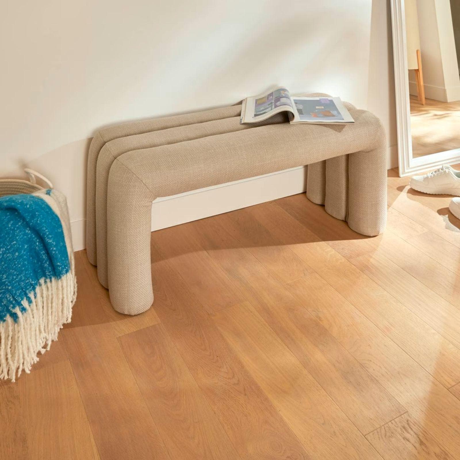 Panca 102x42 cm design ad arco in tessuto effetto maglia beige - Cisco