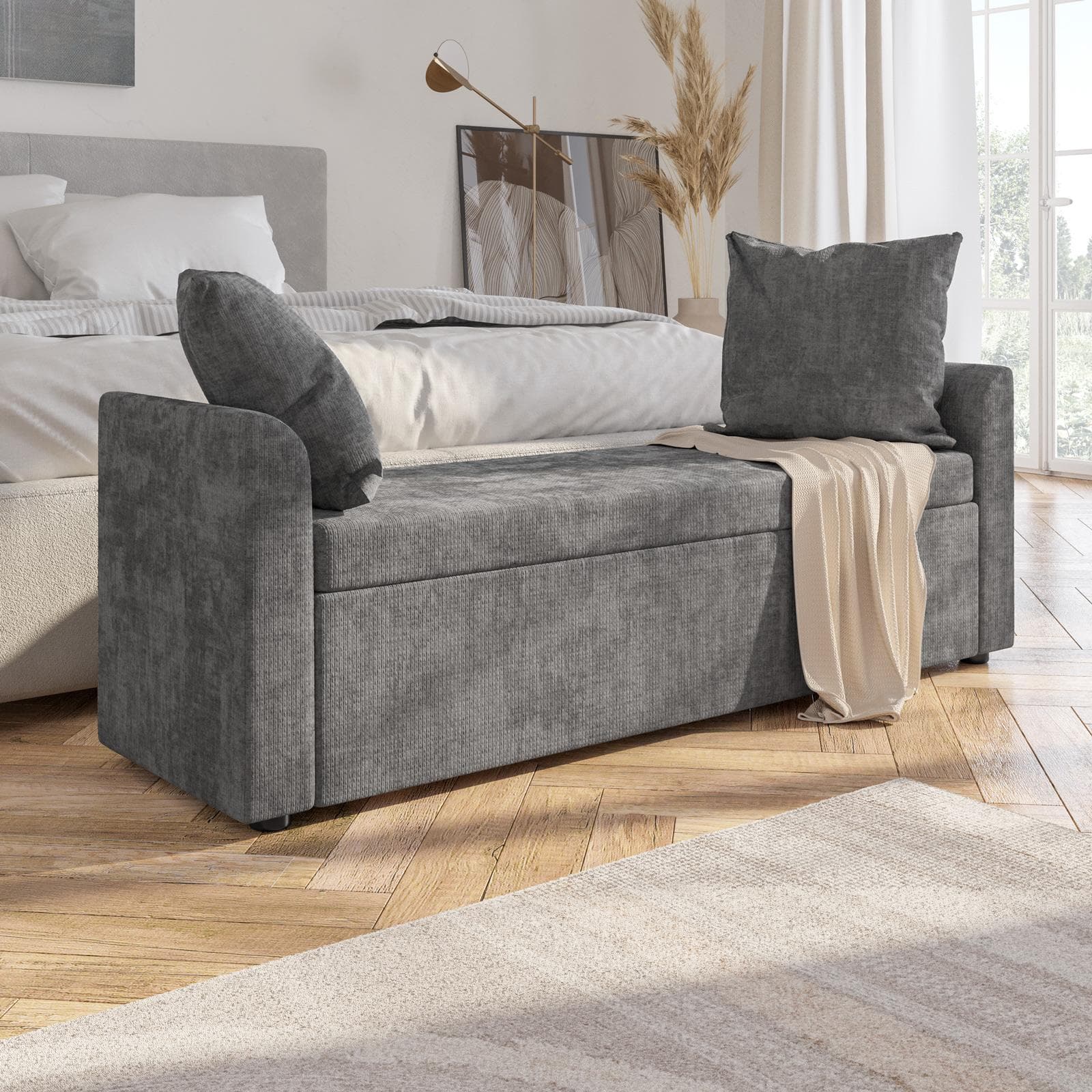 Panca contenitore 151x50h cm in tessuto grigio con cuscini inclusi - Levia