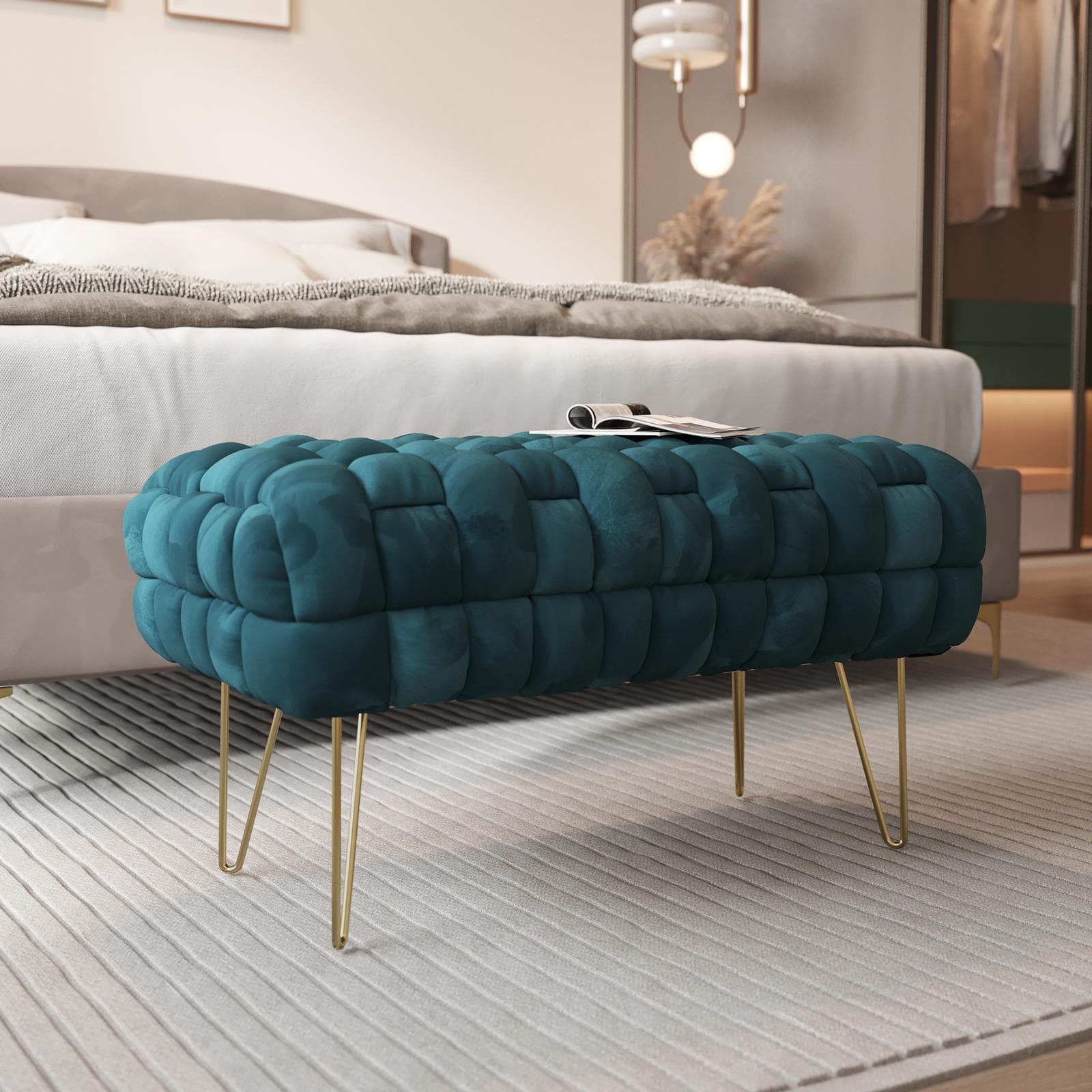 Panca 77x43h cm in velluto intrecciato blu petrolio con gambe in metallo oro - Jagger