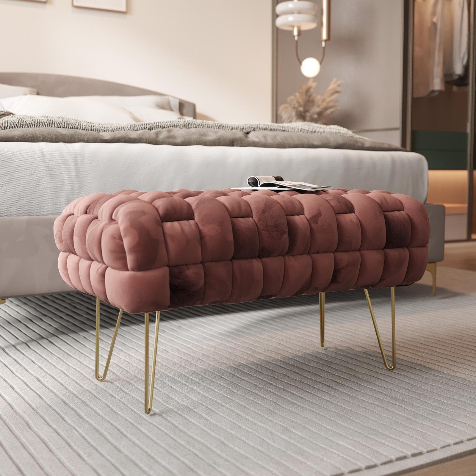 Panca 77x43h cm in velluto intrecciato rosa antico con gambe in metallo oro - Jagger