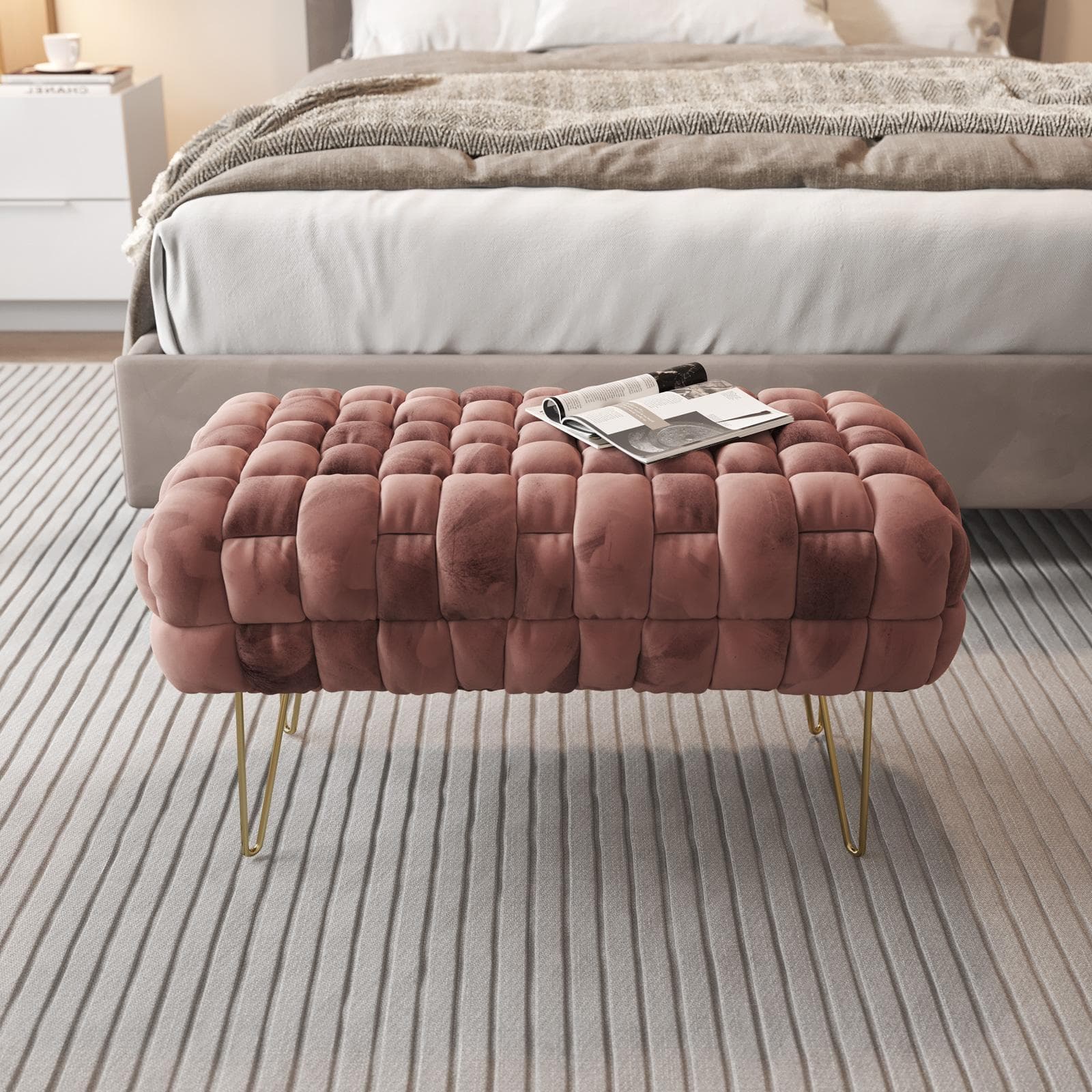 Panca 77x43h cm in velluto intrecciato rosa antico con gambe in metallo oro - Jagger