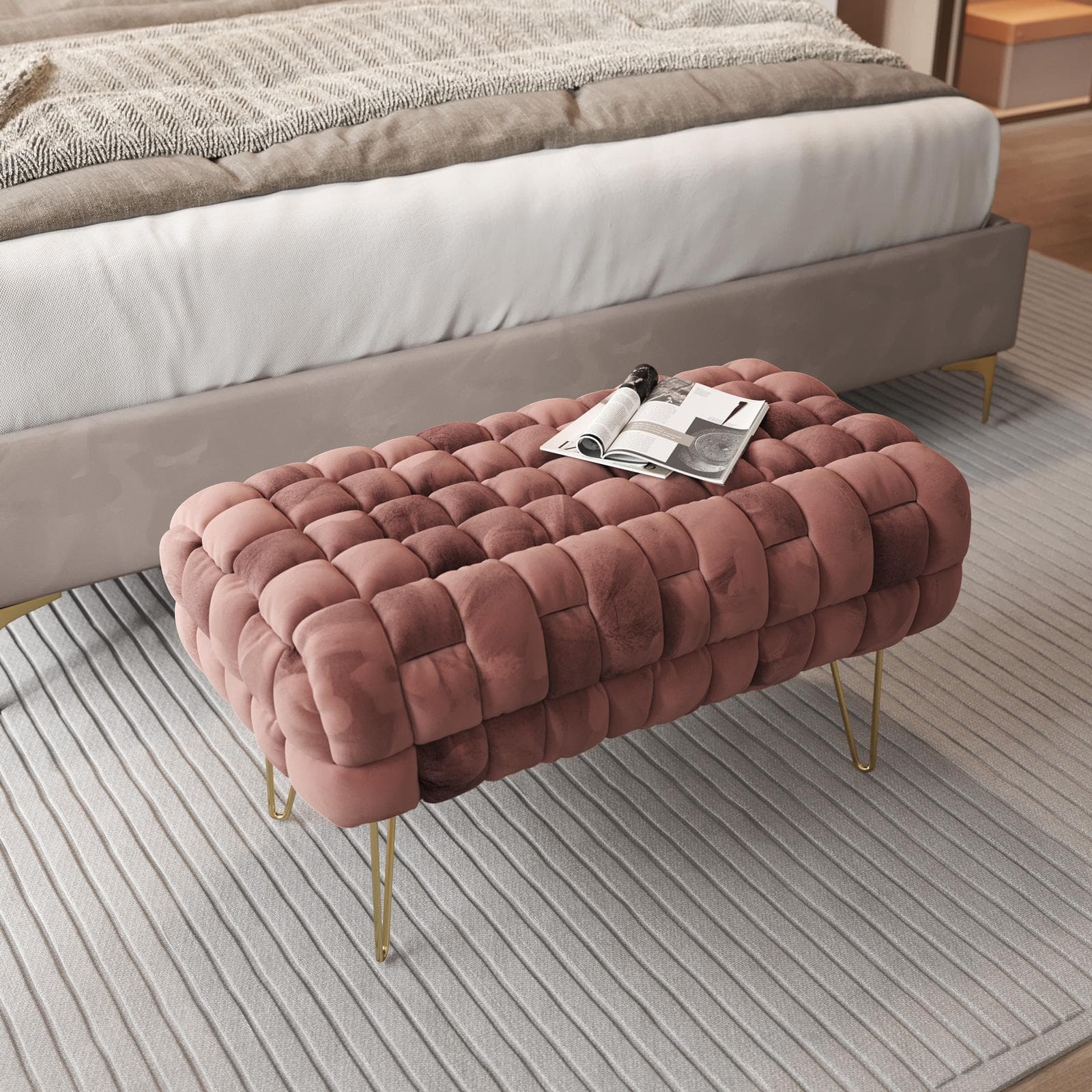Panca 77x43h cm in velluto intrecciato rosa antico con gambe in metallo oro - Jagger