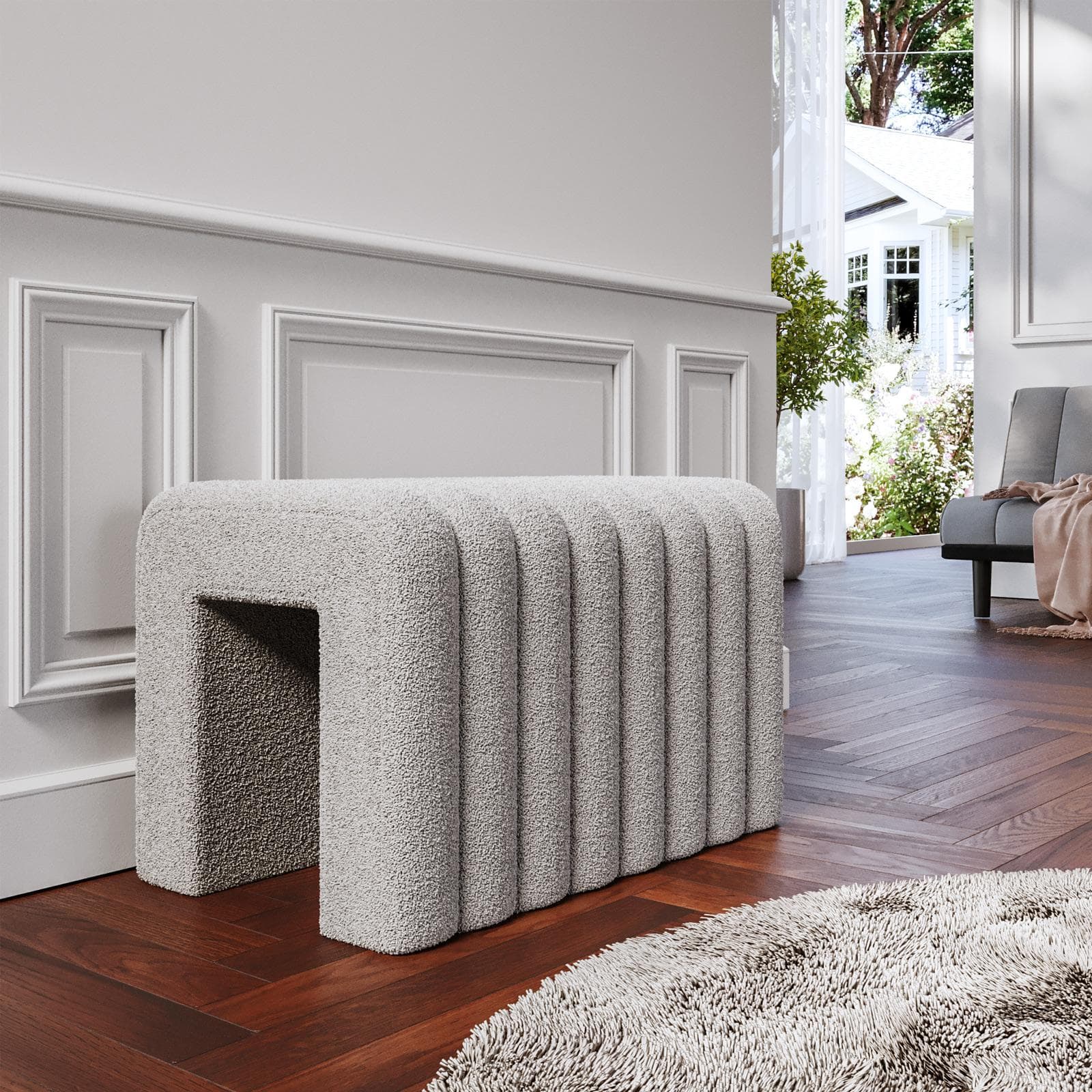 Panca 80x48 cm design ad arco in tessuto micro teddy grigio chiaro - Rudy