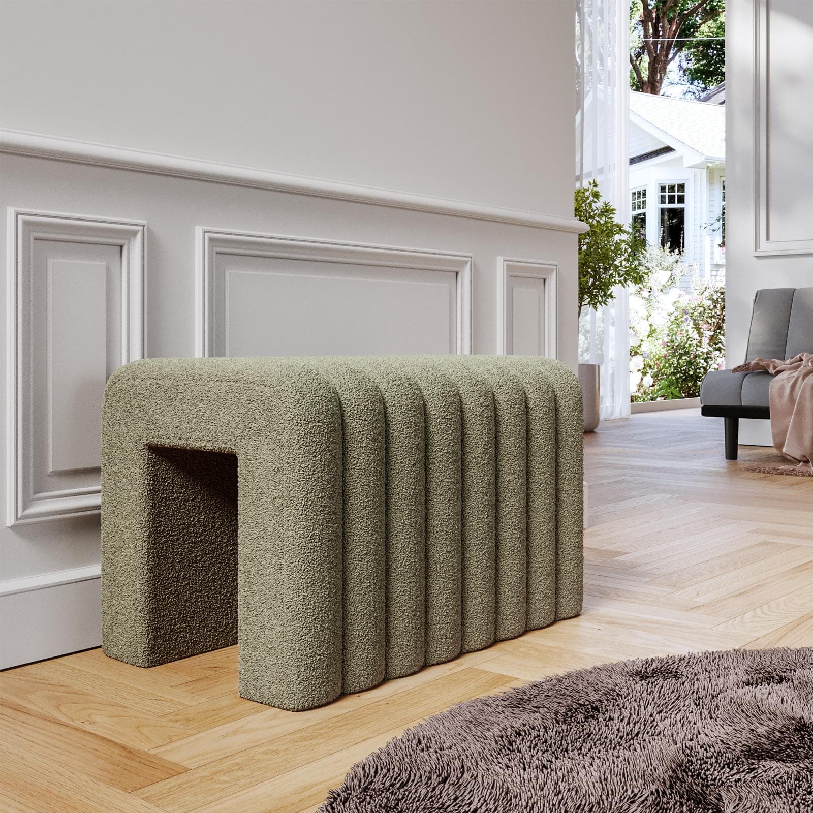 Panca 80x48 cm design ad arco in tessuto micro teddy verde - Rudy