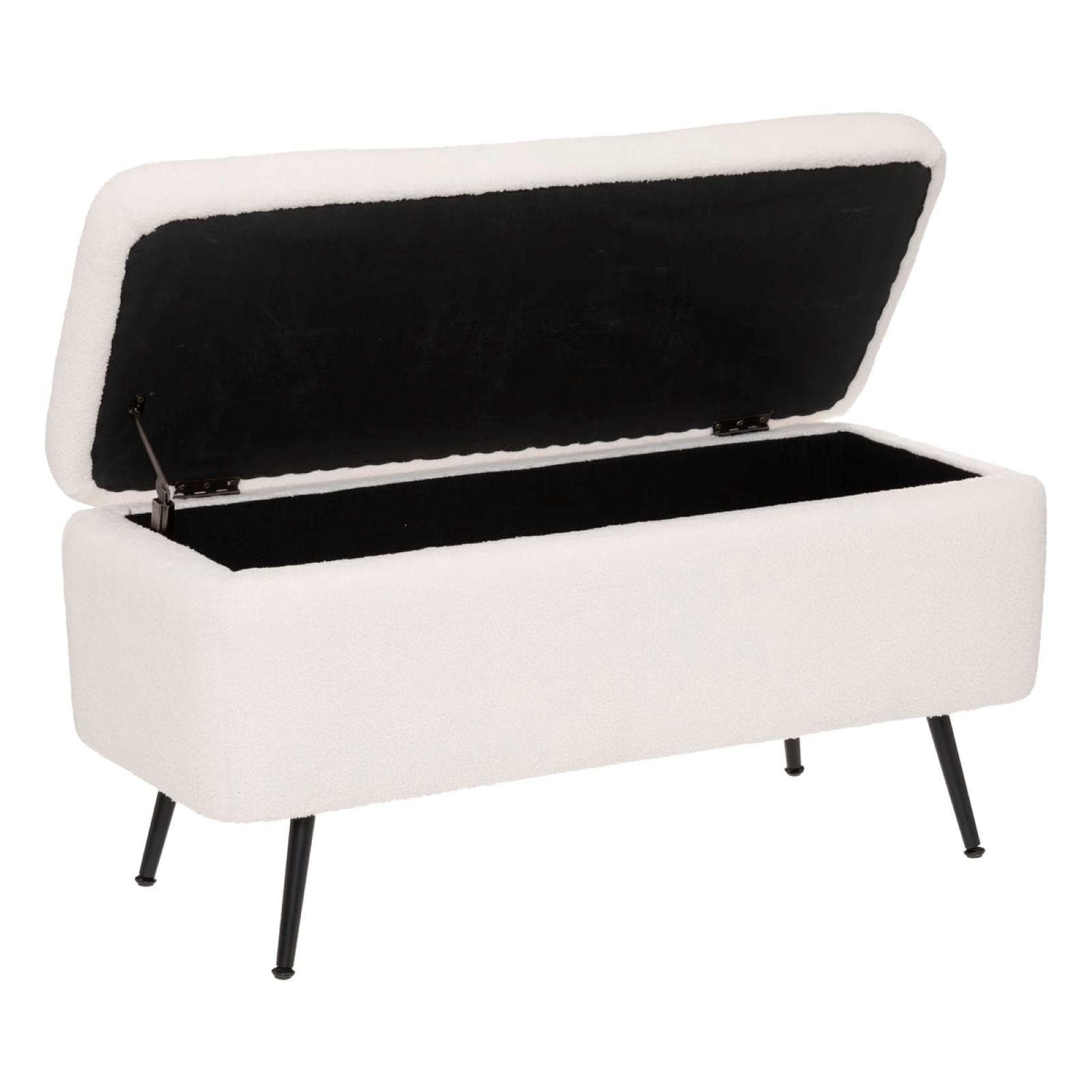 Panca contenitore 100x49 cm in tessuto teddy bianco con gambe nero