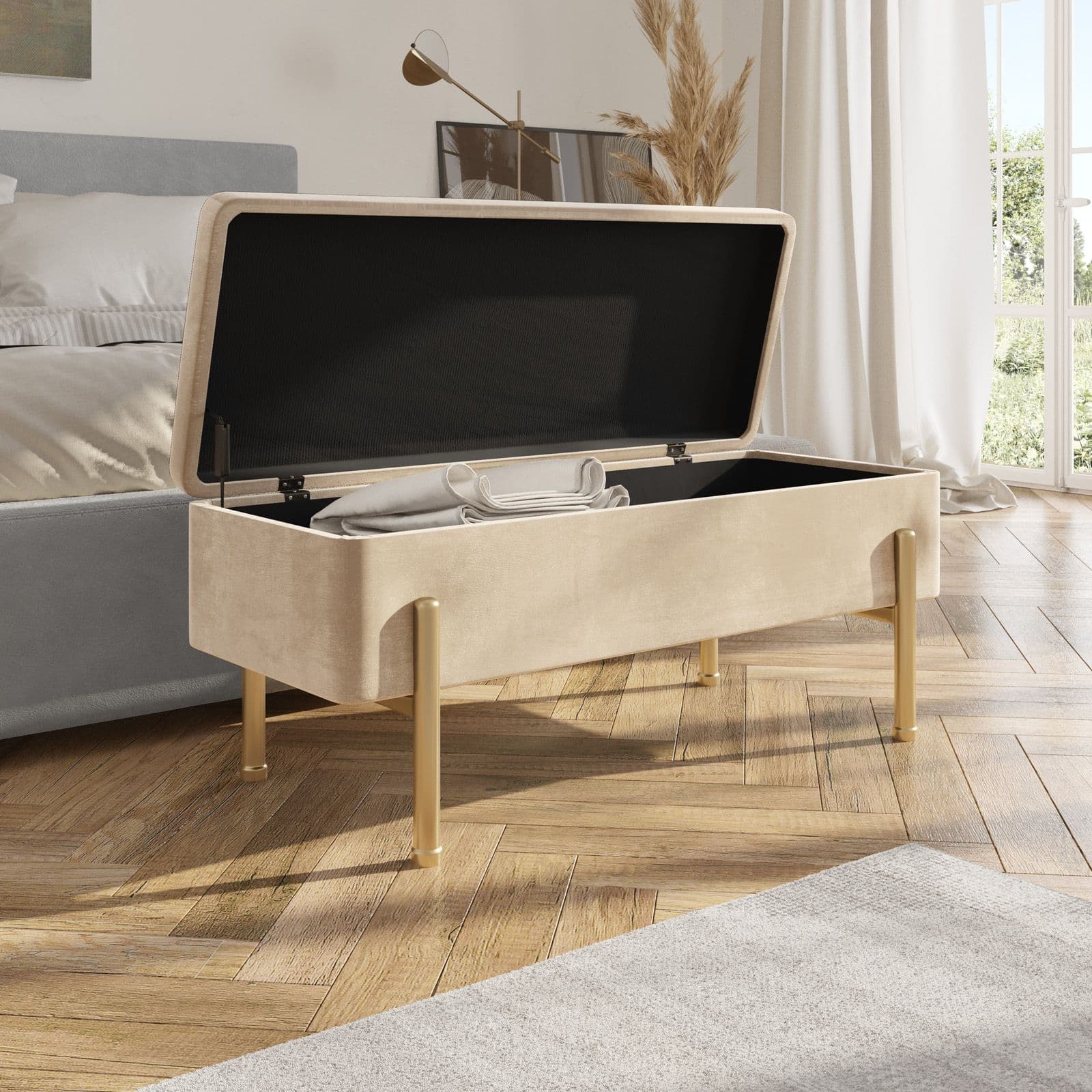 Panca contenitore 110 cm in velluto crema - Dria