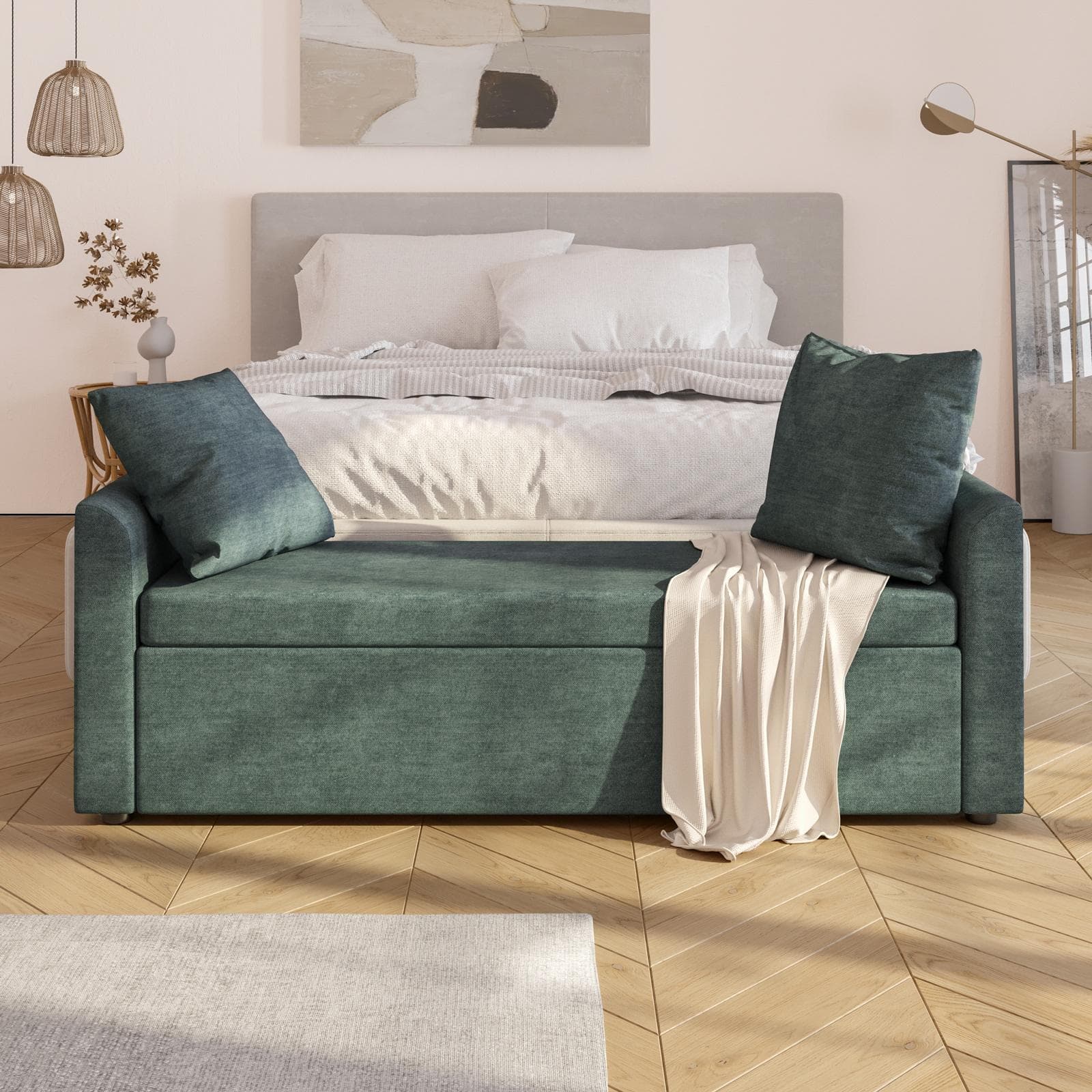 Panca contenitore 151x50h cm in tessuto verde salvia con cuscini inclusi - Levia