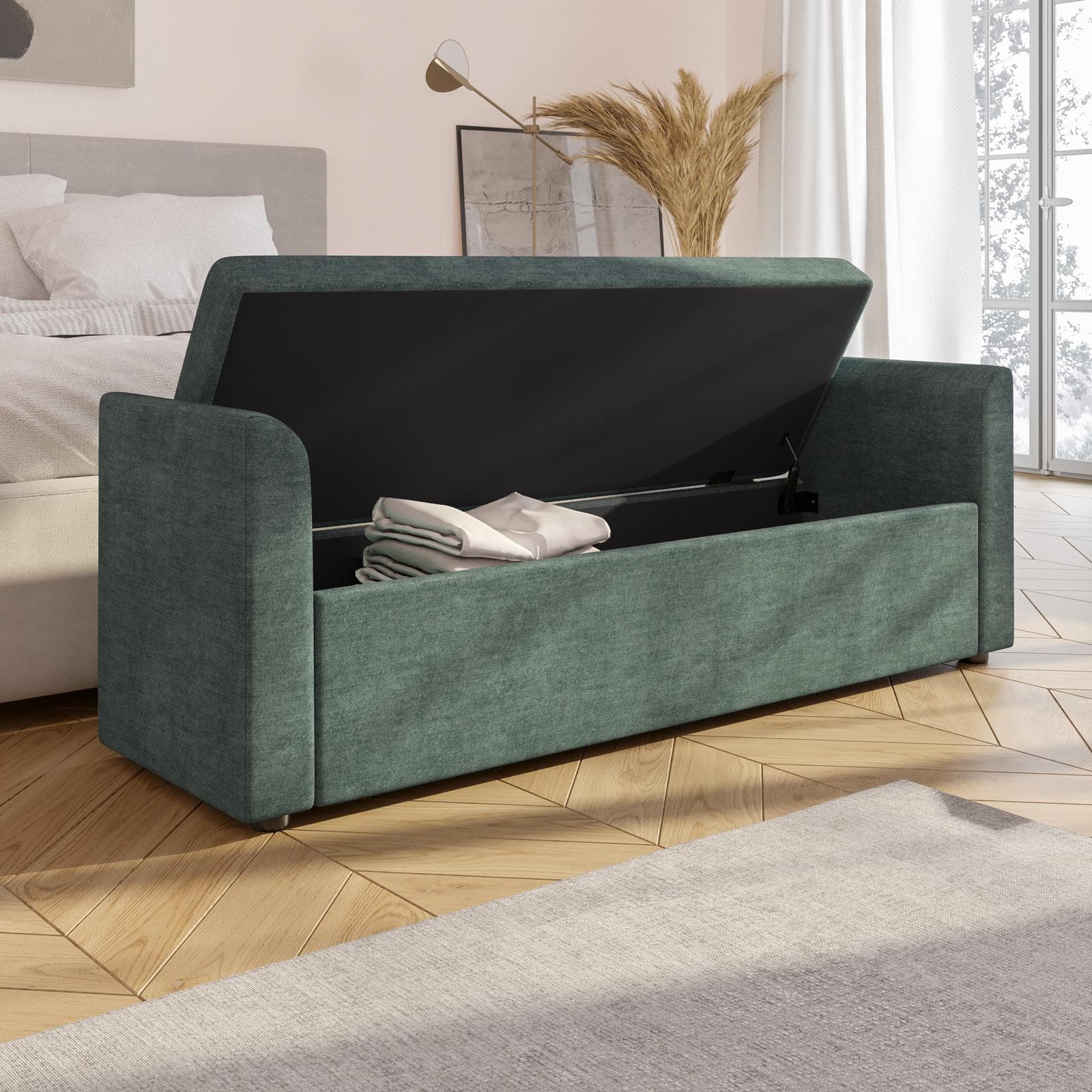 Panca contenitore 151x50h cm in tessuto verde salvia con cuscini inclusi - Levia