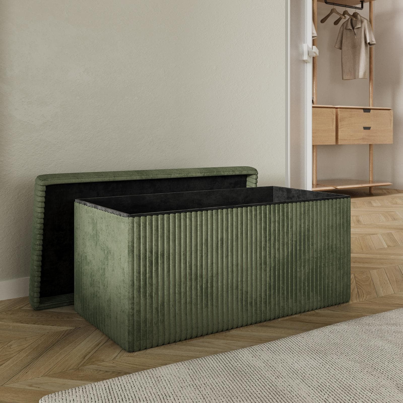 Panca contenitore pieghevole 76x38 cm in velluto a coste verde - Ghergana