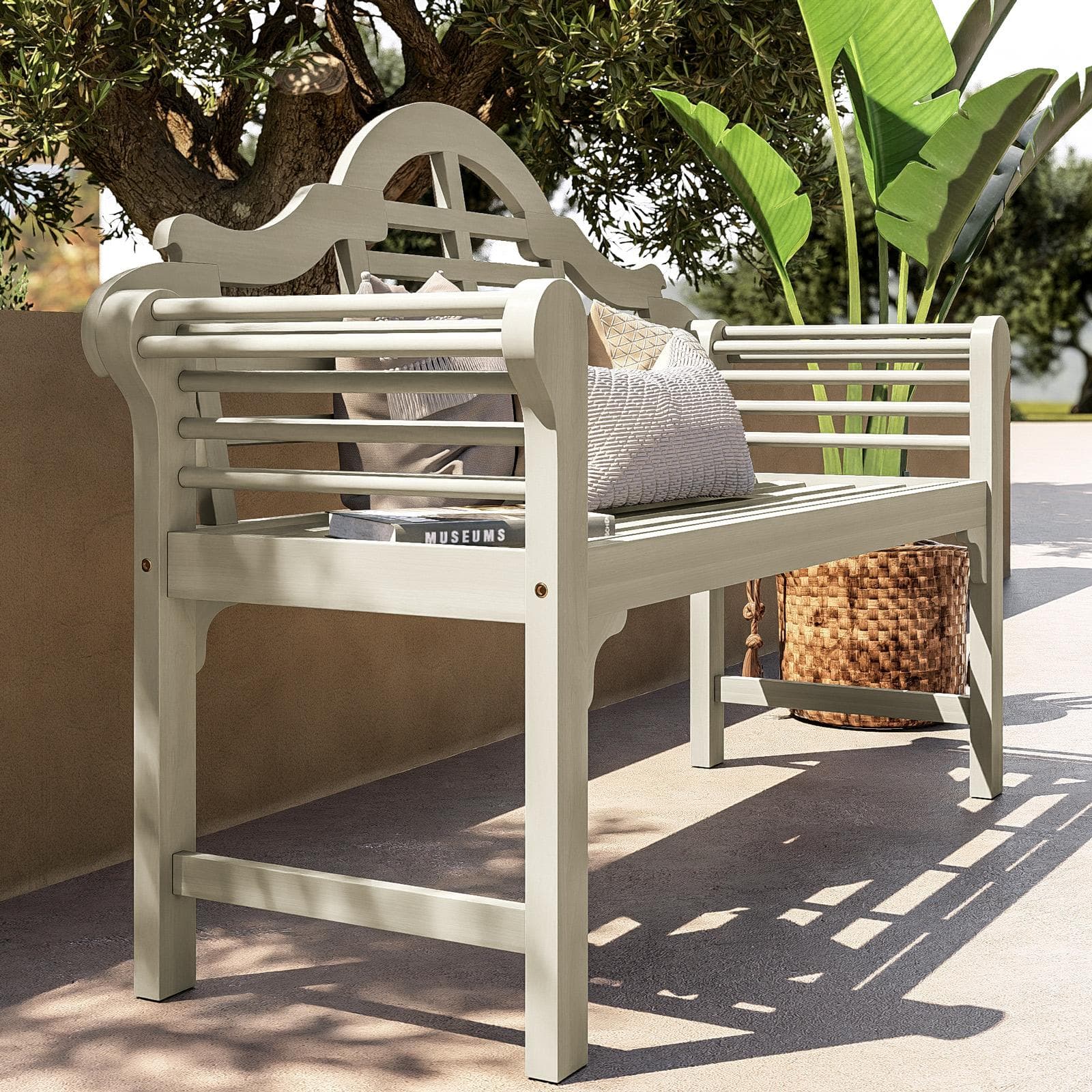 Panchina da giardino 3 posti in legno d'acacia bianco antico stile classico - Disha