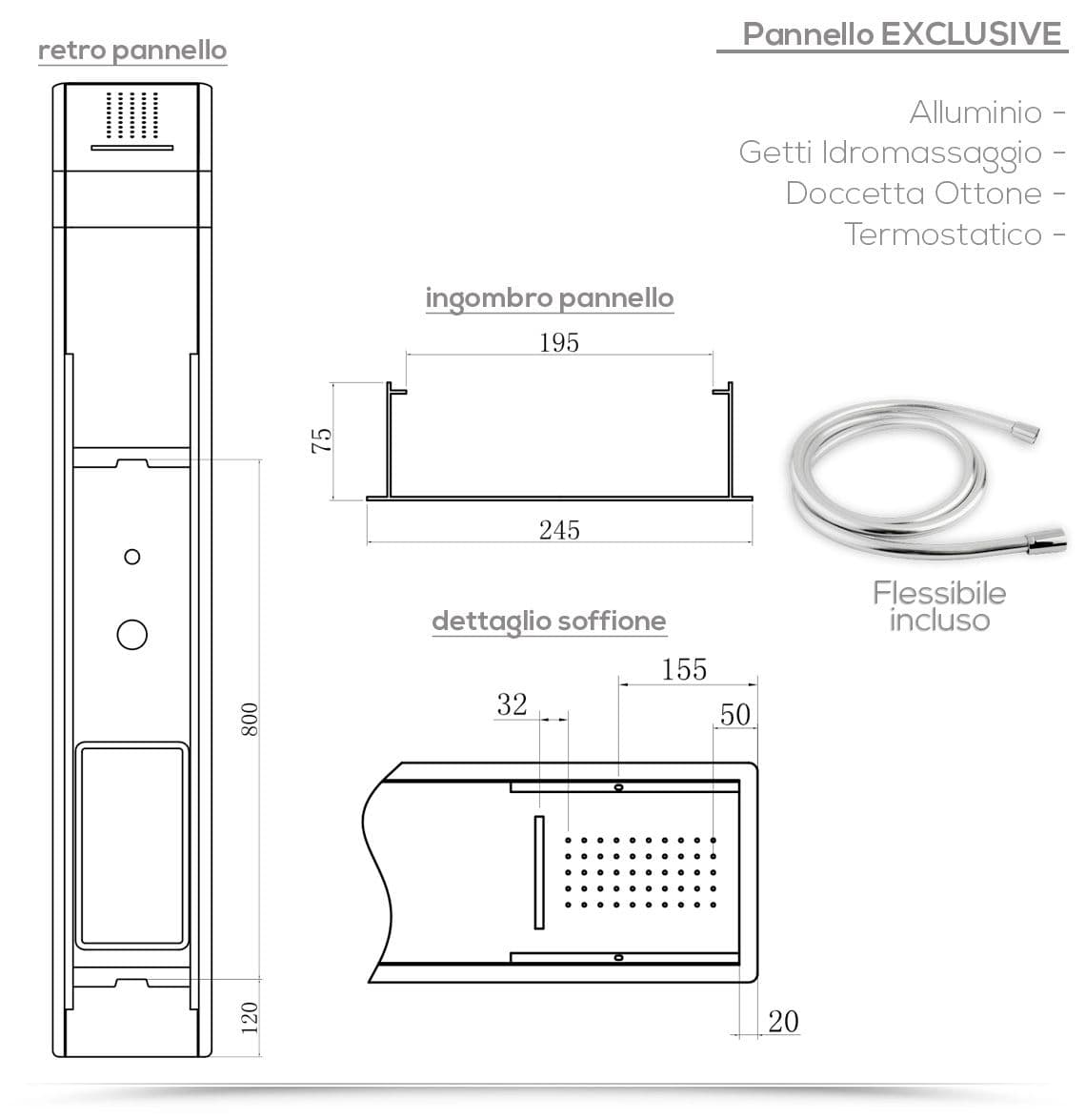 Pannello doccia tortora in alluminio con cascata cervicale e con miscelatore termostatico - Geco