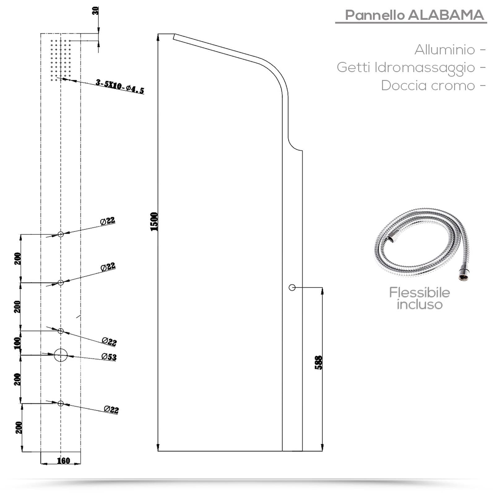 Pannello doccia alluminio silver con doccetta cromata e getti idromassaggio - Alabama