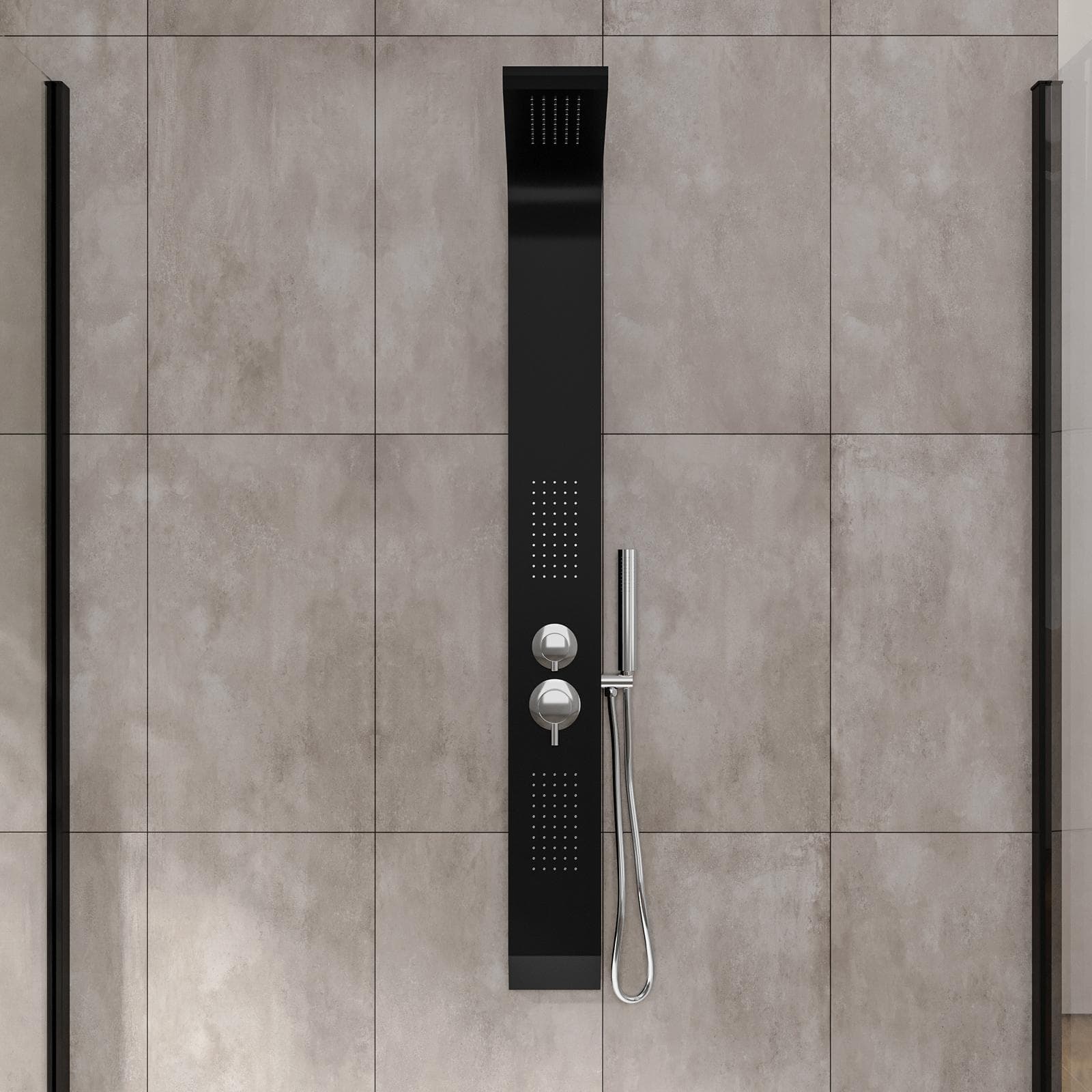 Pannello doccia in alluminio nero con miscelatore design minimal cromato - Alaska