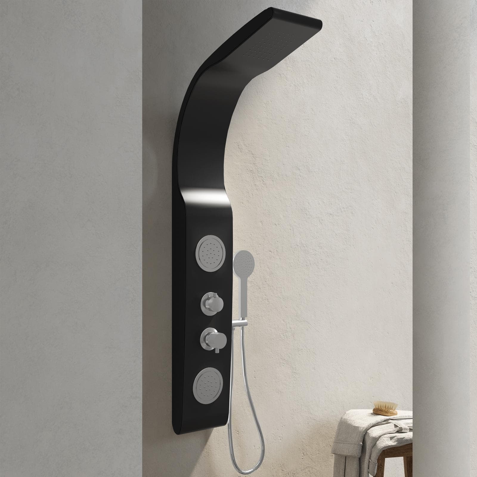 Pannello doccia in pvc nero con miscelatore e doccino - Zephyra