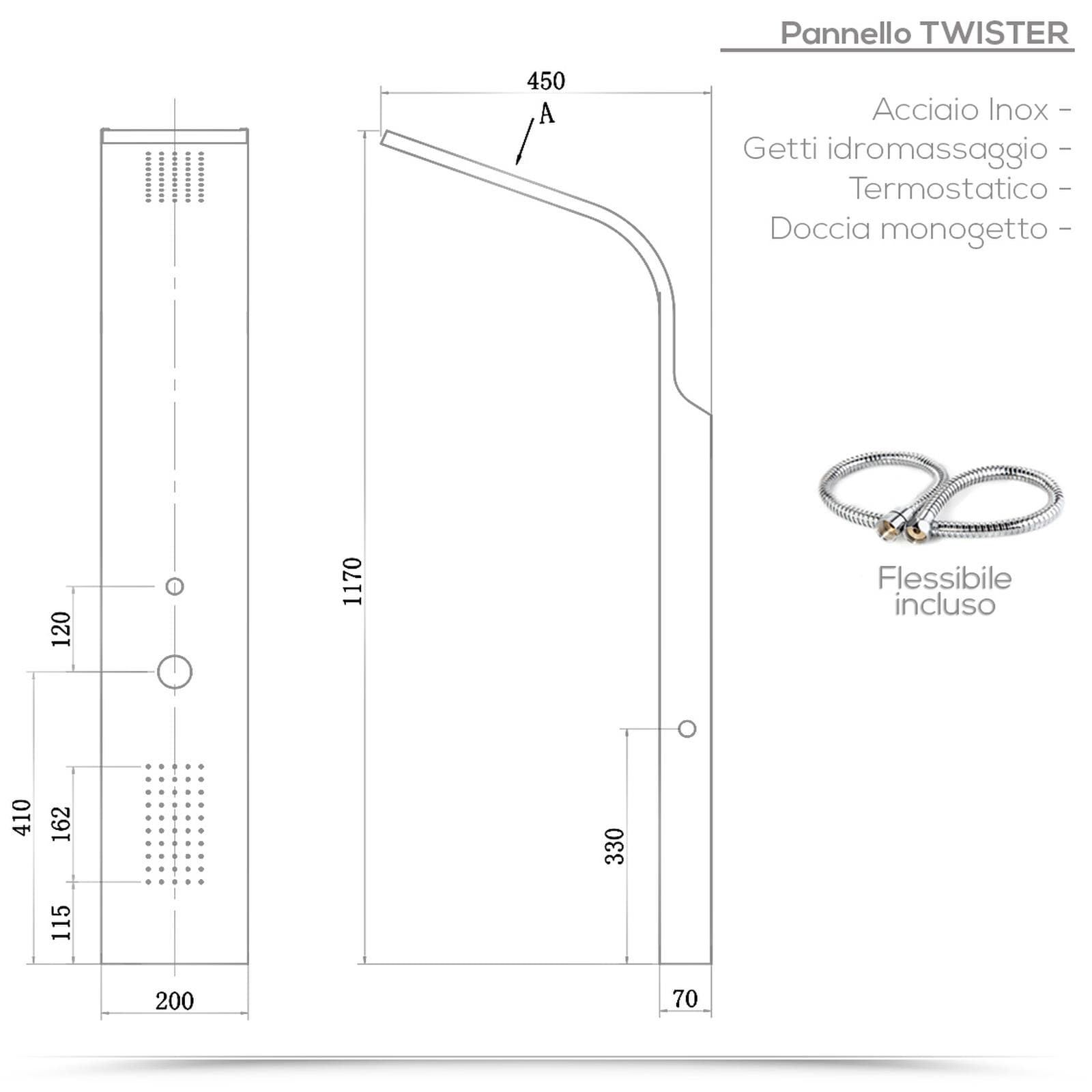 Pannello doccia termostatico in acciaio inox satinato getti idromassaggio - Swing
