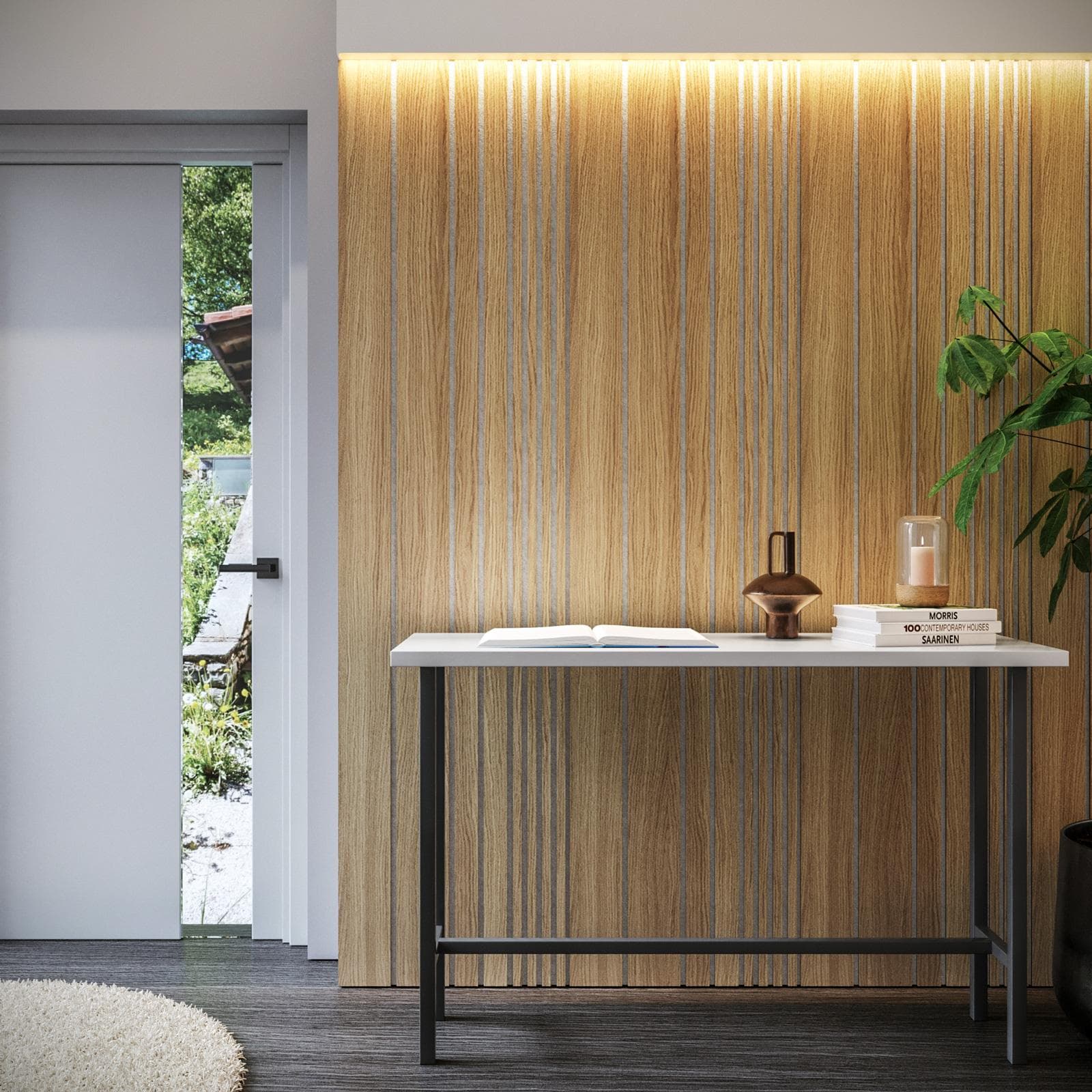 Pannello fonoassorbente boiserie 60x240h cm bianco con listelli irregolari rovere chiaro - Bjorn