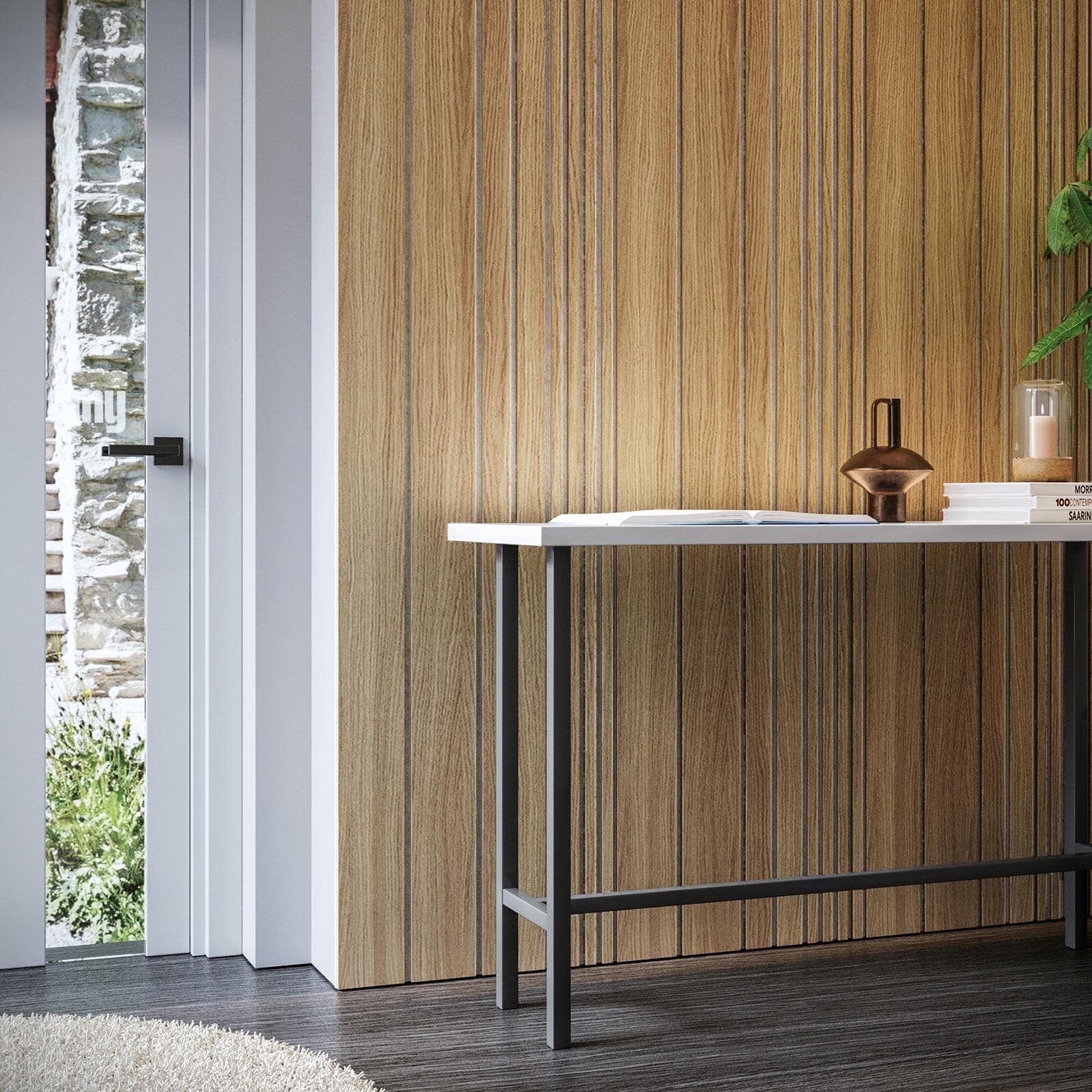 Pannello fonoassorbente boiserie 60x240h cm bianco con listelli irregolari rovere chiaro - Bjorn