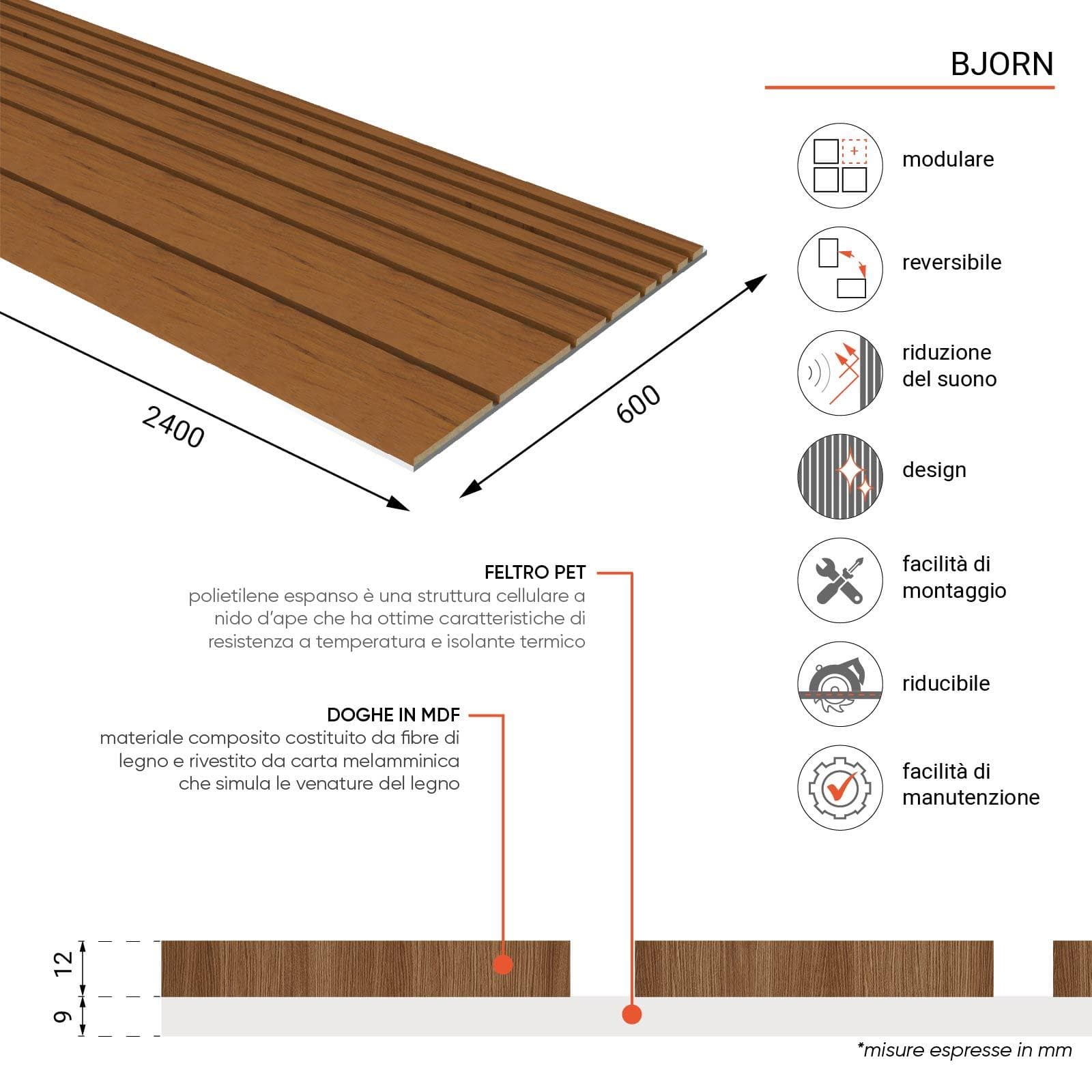 Pannello fonoassorbente boiserie 60x240h cm bianco con listelli irregolari rovere scuro - Bjorn