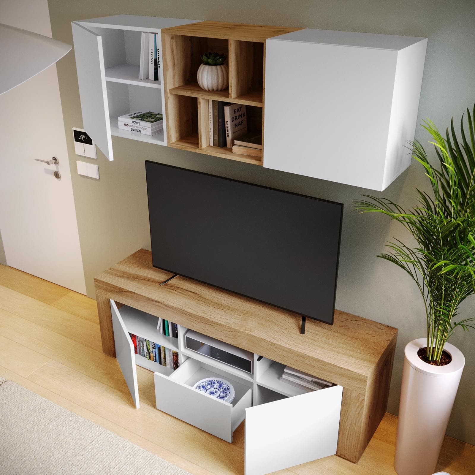 Parete attrezzata 155x40 cm bianco e rovere wotan - Kayros