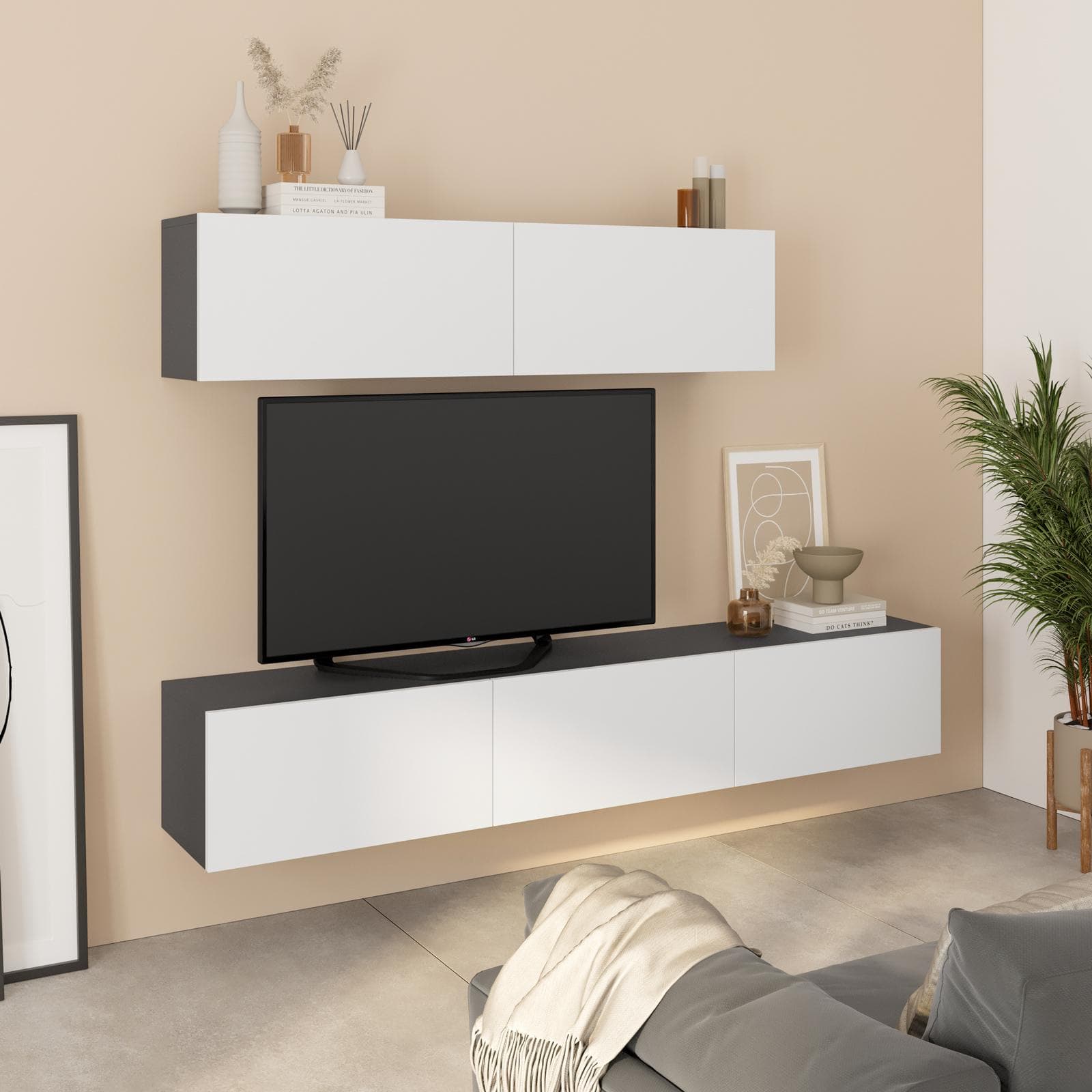 Parete attrezzata 180 cm 2 pensili antracite con 5 ante bianco opaco - Betka