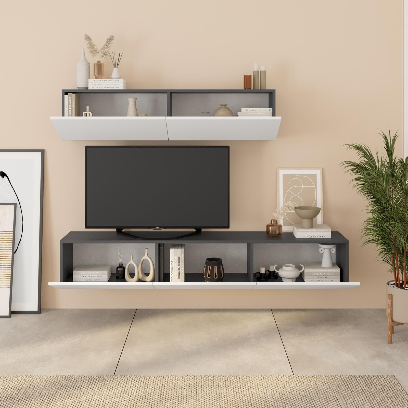 Parete attrezzata 180 cm 2 pensili antracite con 5 ante bianco opaco - Betka