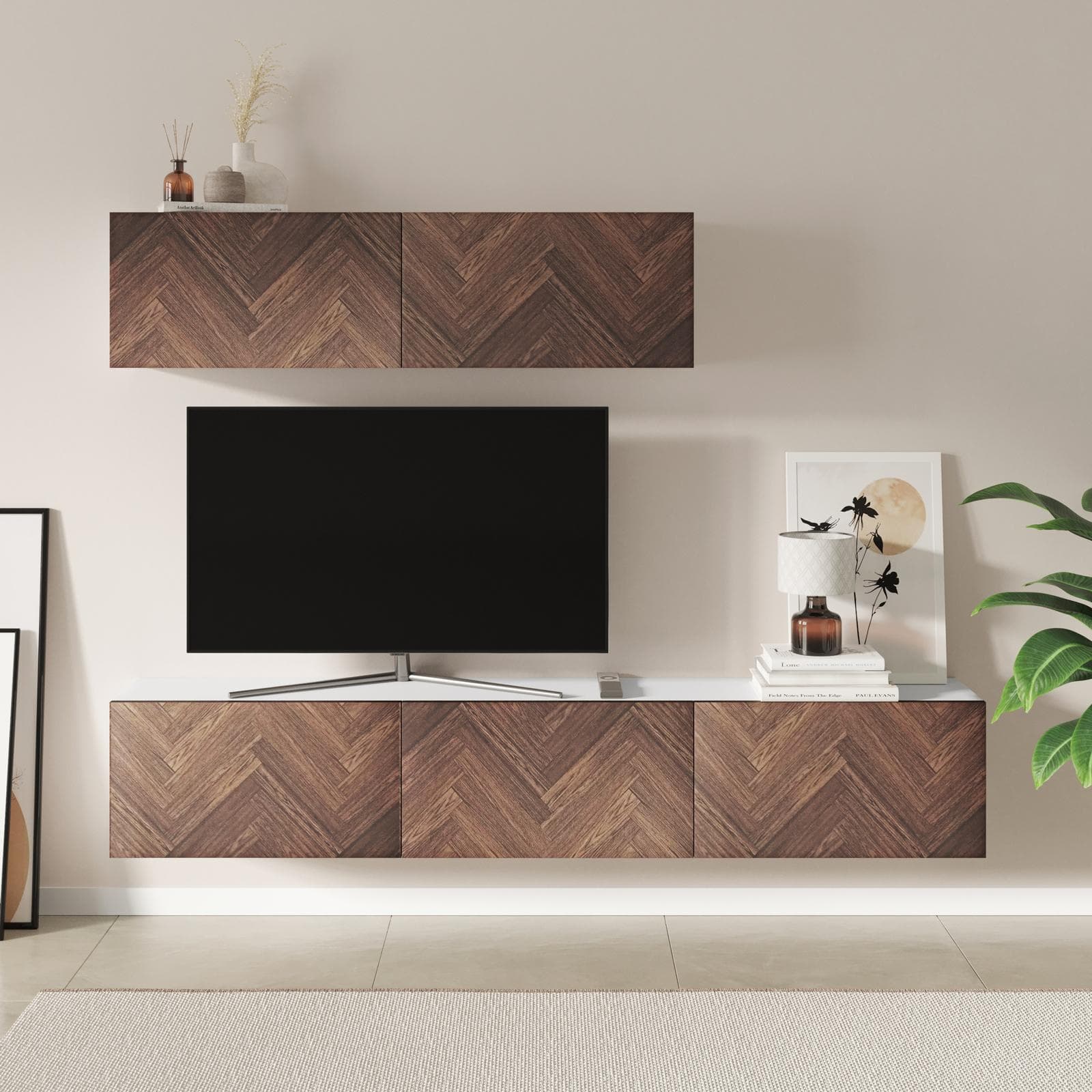 Parete attrezzata 180 cm 2 pensili bianco e noce effetto parquet con 5 ante - Betka