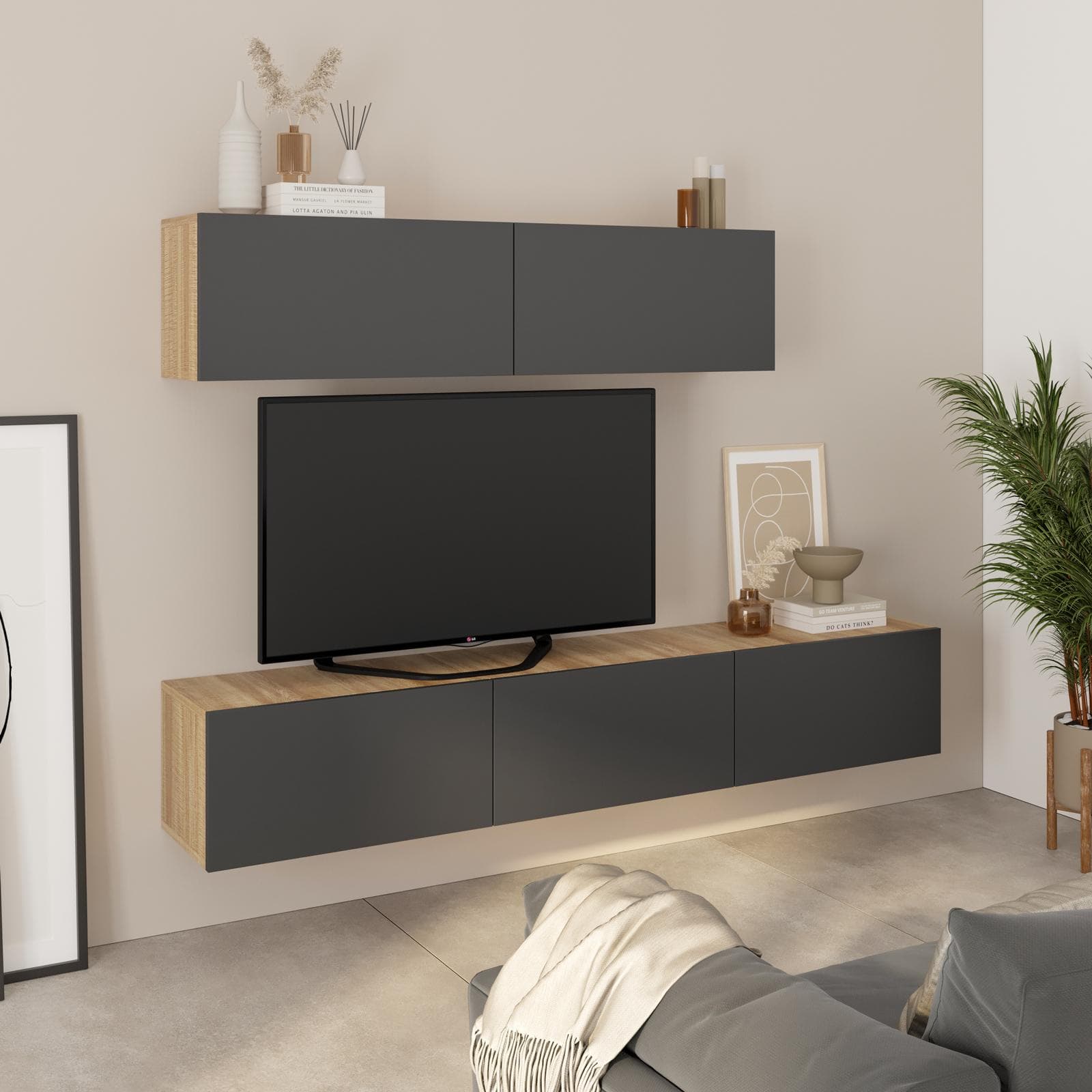 Parete attrezzata 180 cm 2 pensili effetto rovere con 5 ante antracite - Betka