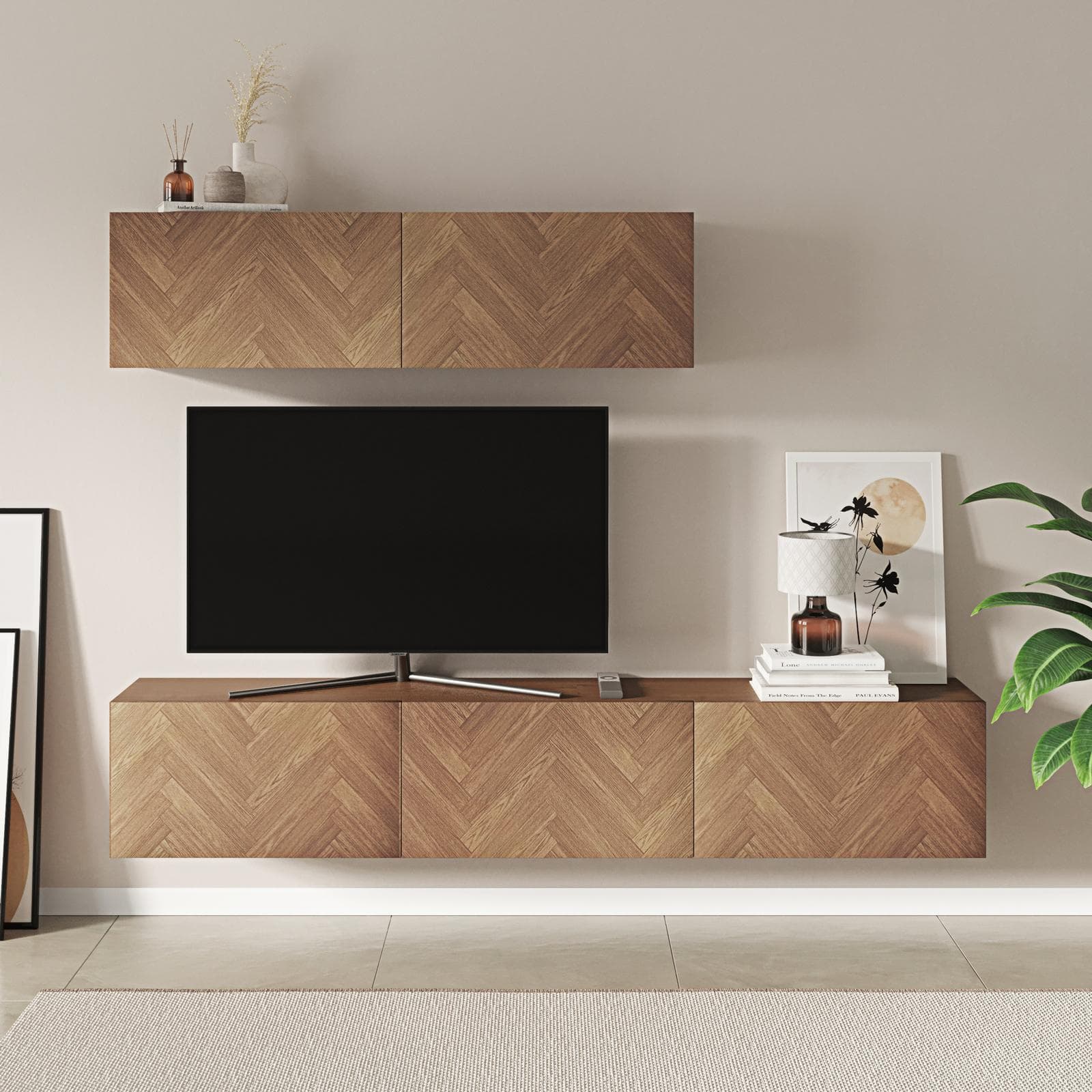 Parete attrezzata 180 cm 2 pensili rovere effetto parquet con 5 ante - Betka