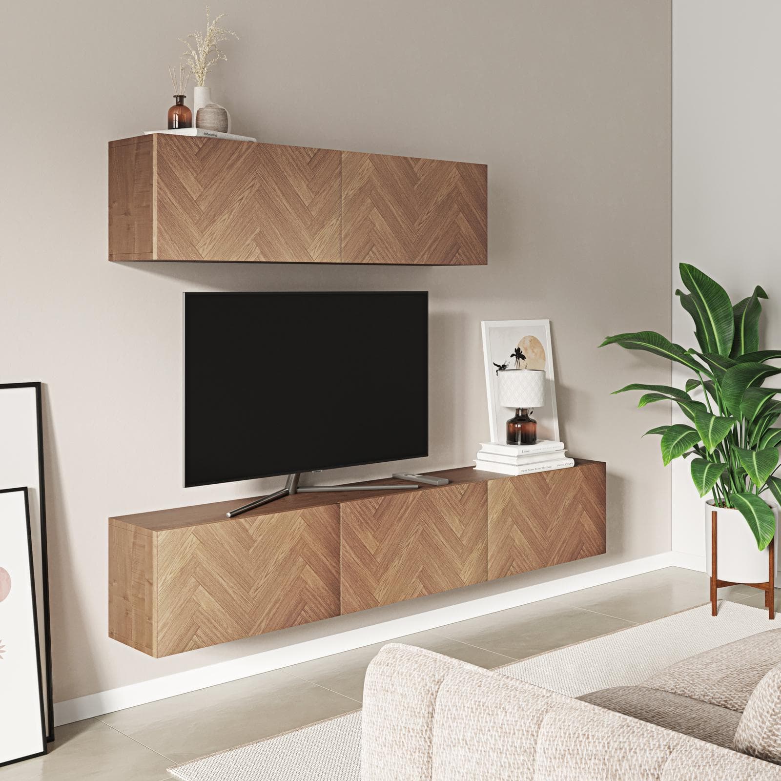 Parete attrezzata 180 cm 2 pensili rovere effetto parquet con 5 ante - Betka