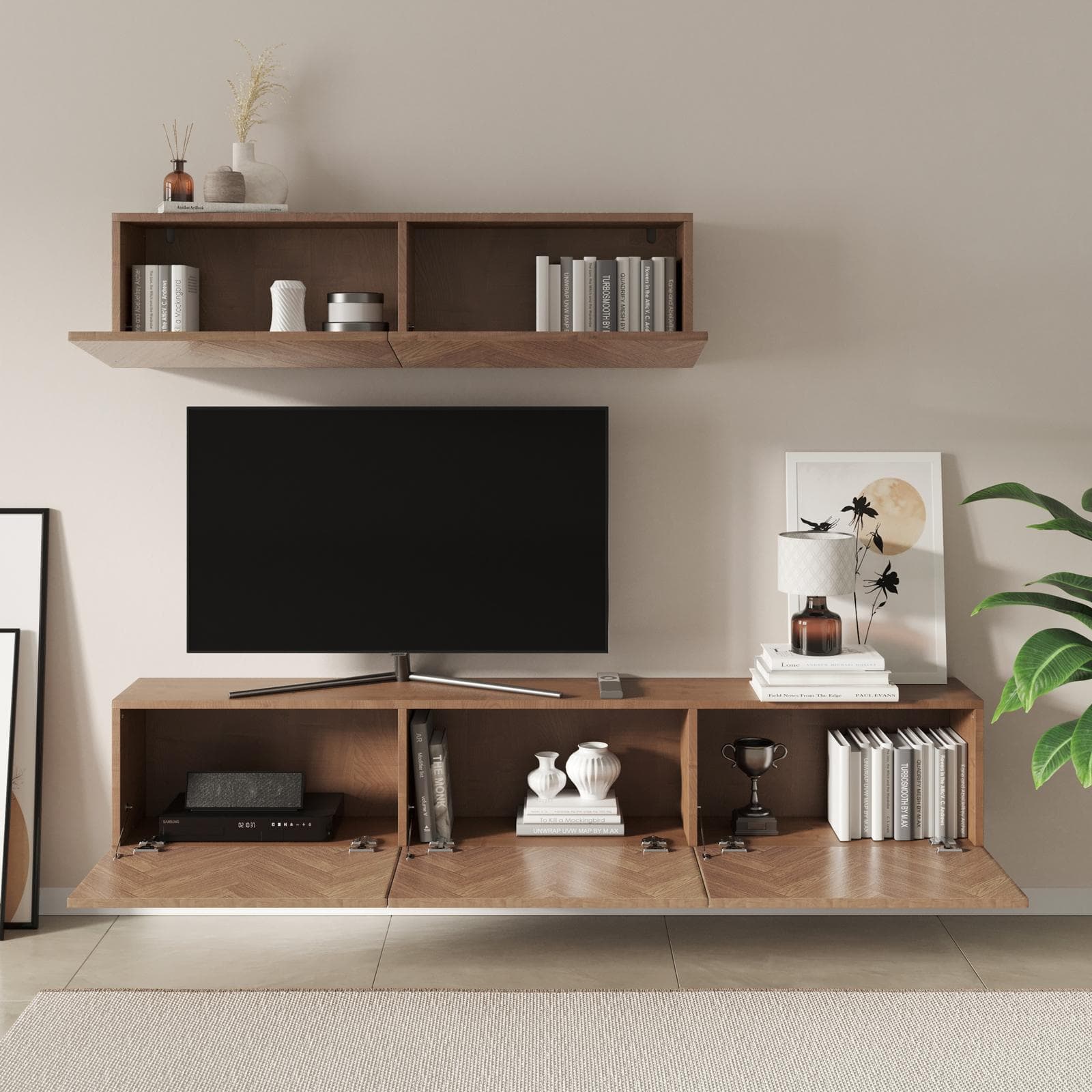 Parete attrezzata 180 cm 2 pensili rovere effetto parquet con 5 ante - Betka