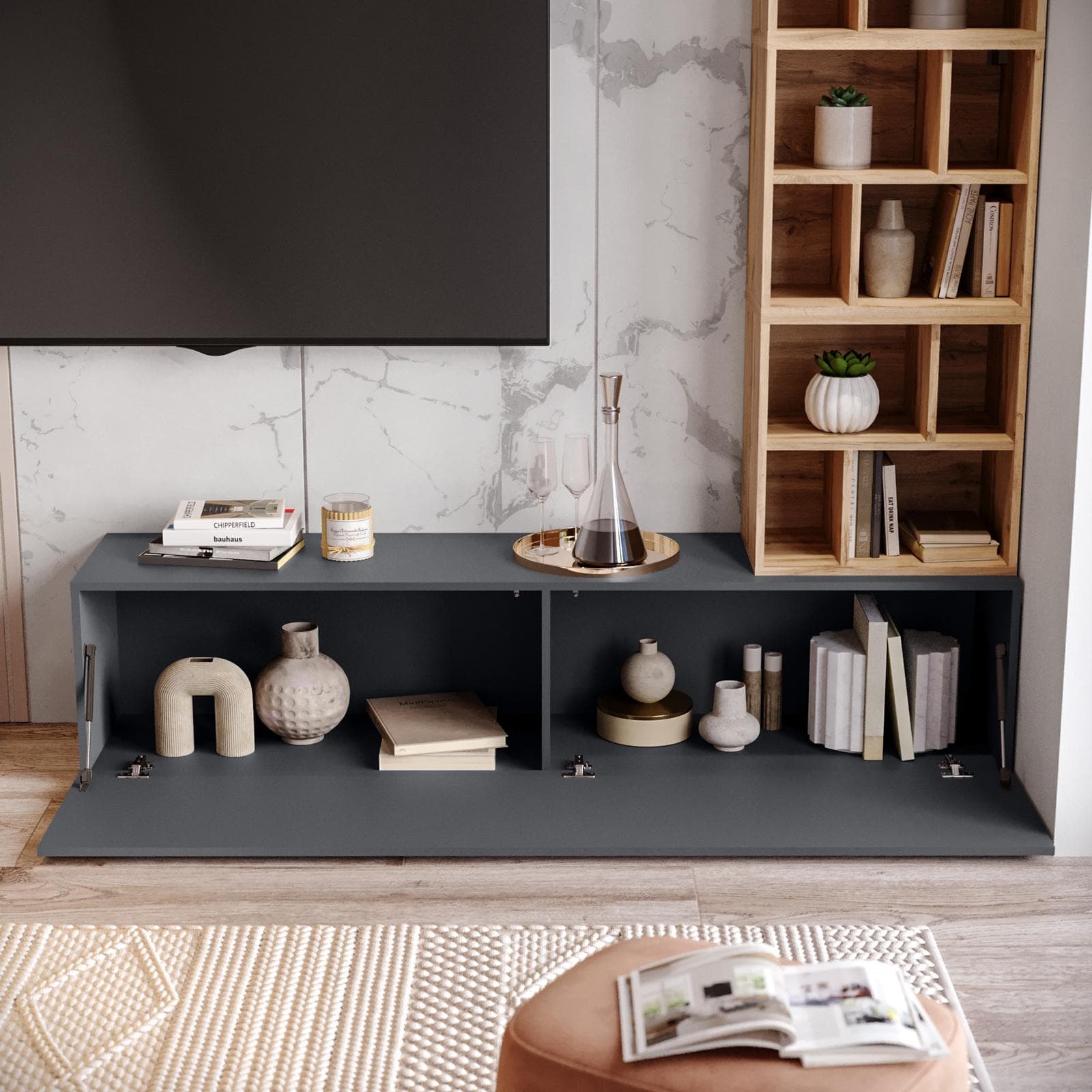 Parete attrezzata 180 cm antracite e rovere wotan - Kayros
