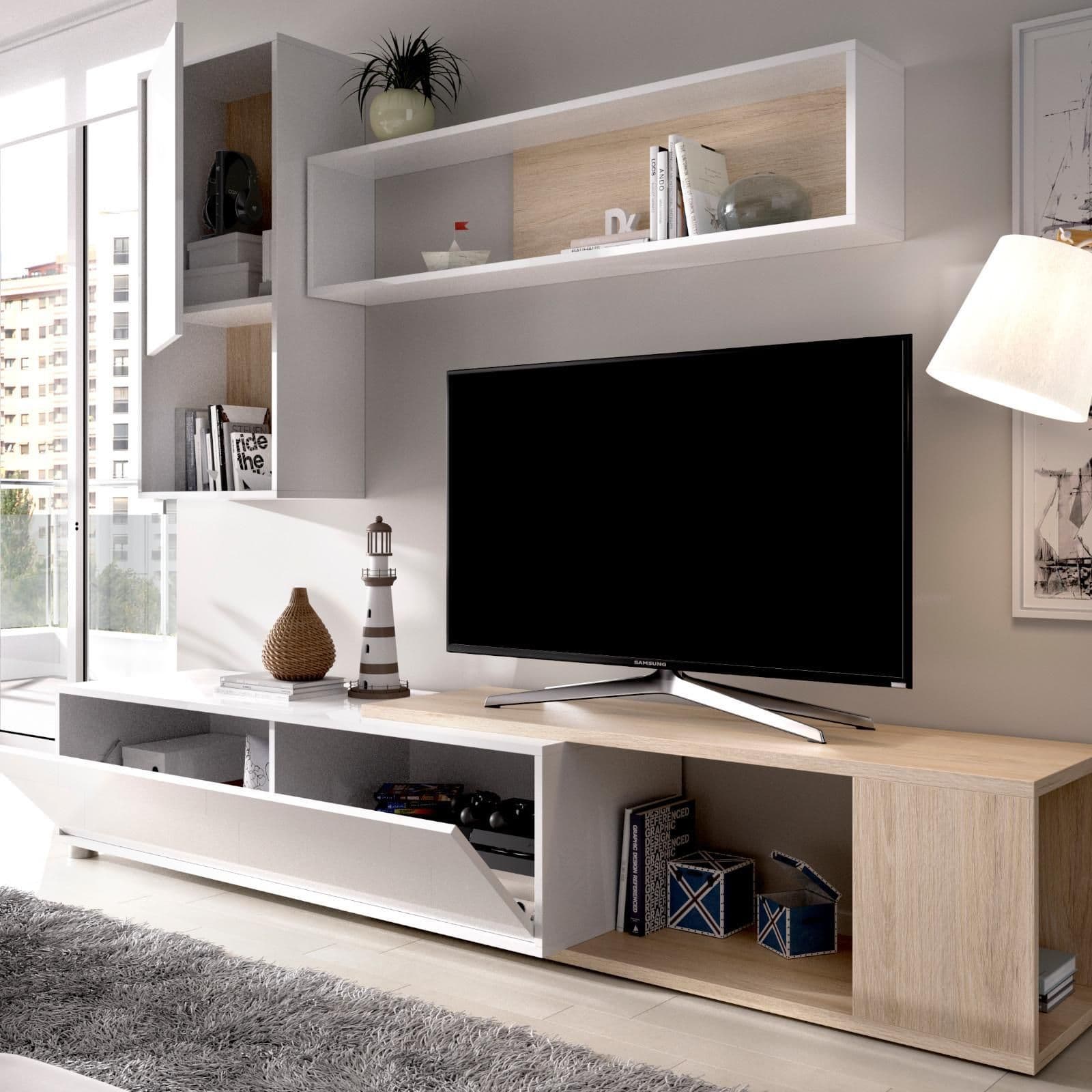 Parete attrezzata 180-230 cm in legno bianco lucido e naturale - Macy