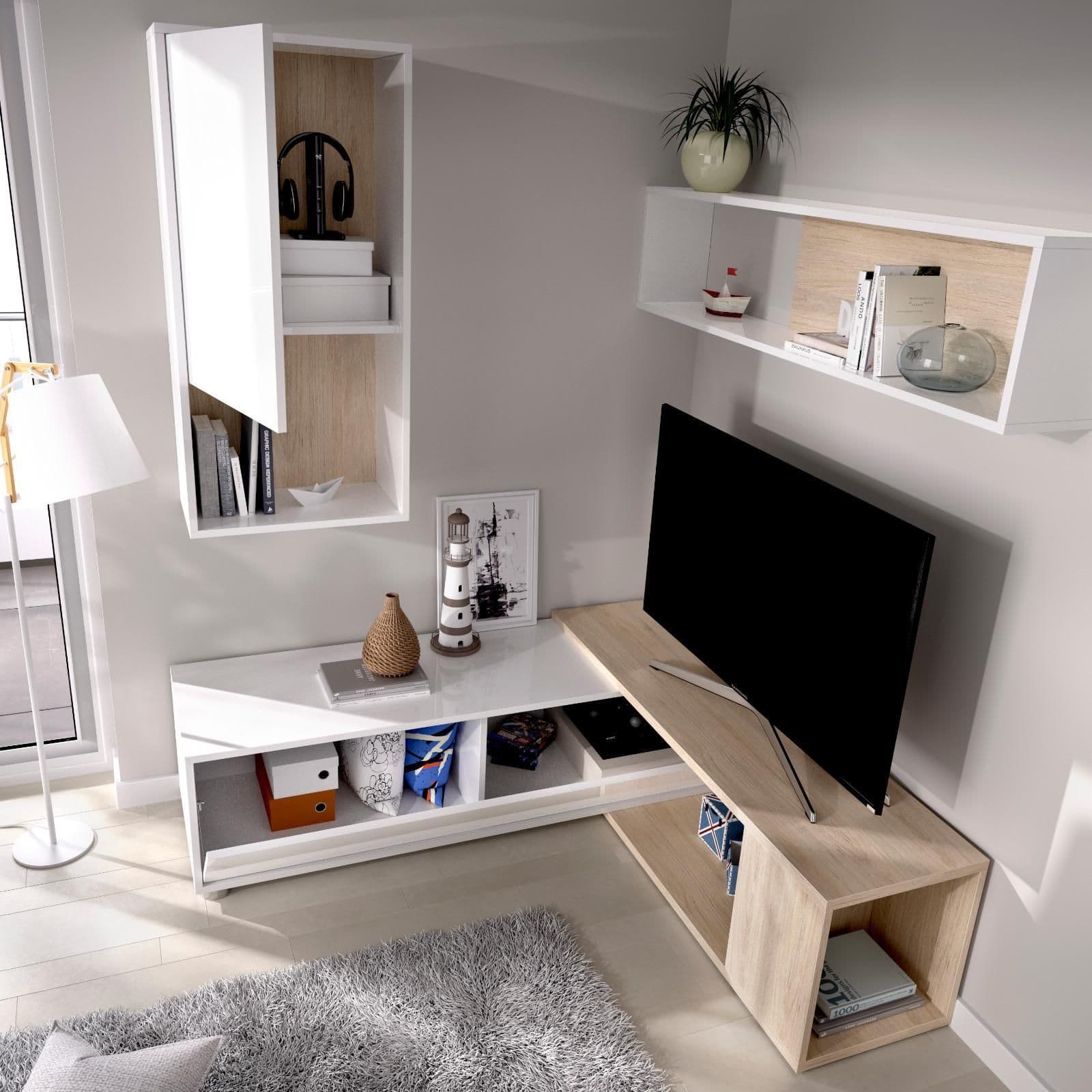Parete attrezzata 180-230 cm in legno bianco lucido e naturale - Macy