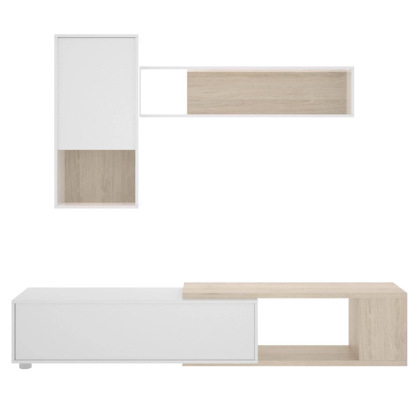 Parete attrezzata 180-230 cm in legno bianco lucido e naturale - Macy